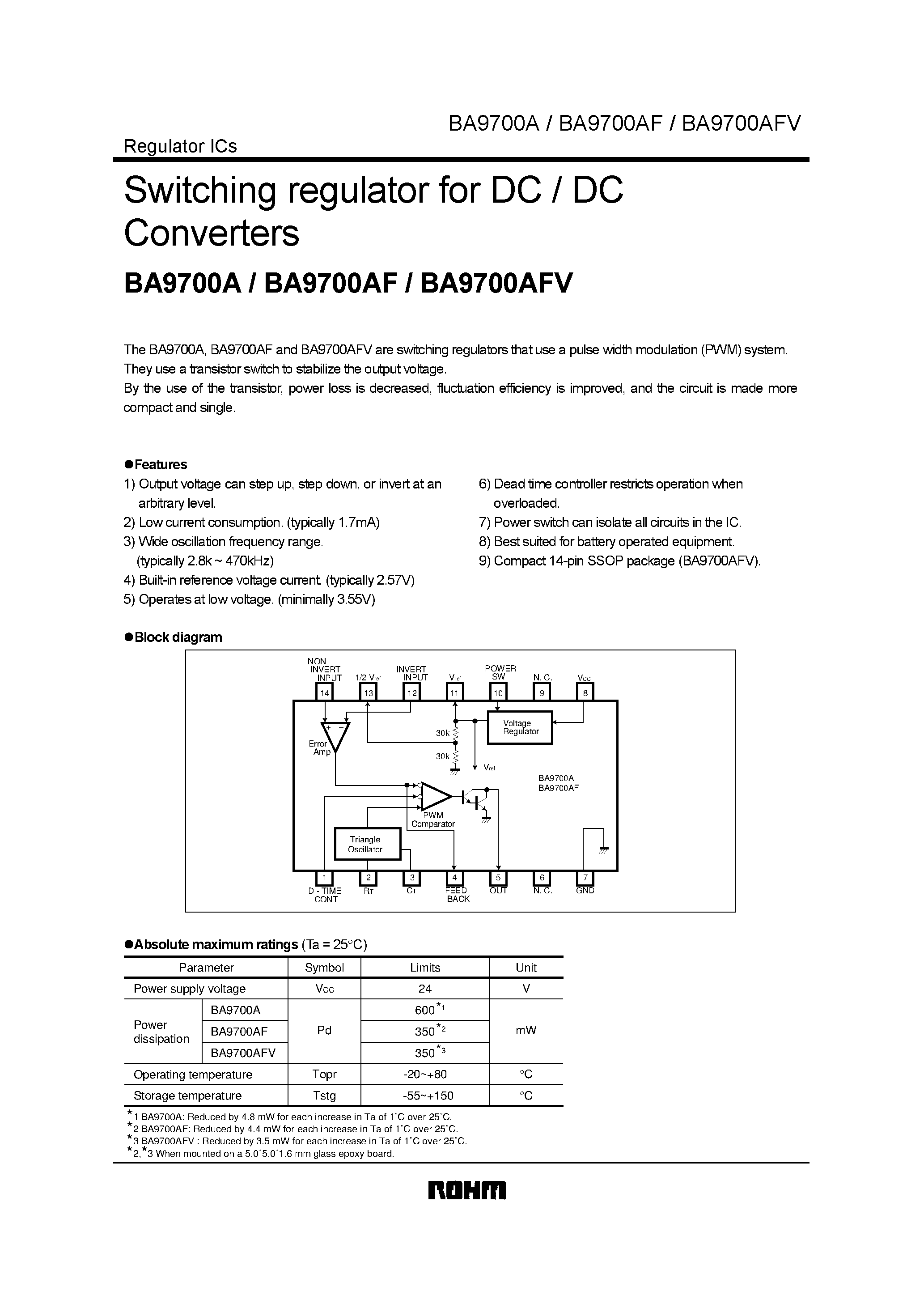 Даташит на микросхему BA9700A страница 1 Даташит BA9700A - Switching regulator for DC / DC Converters страница 1