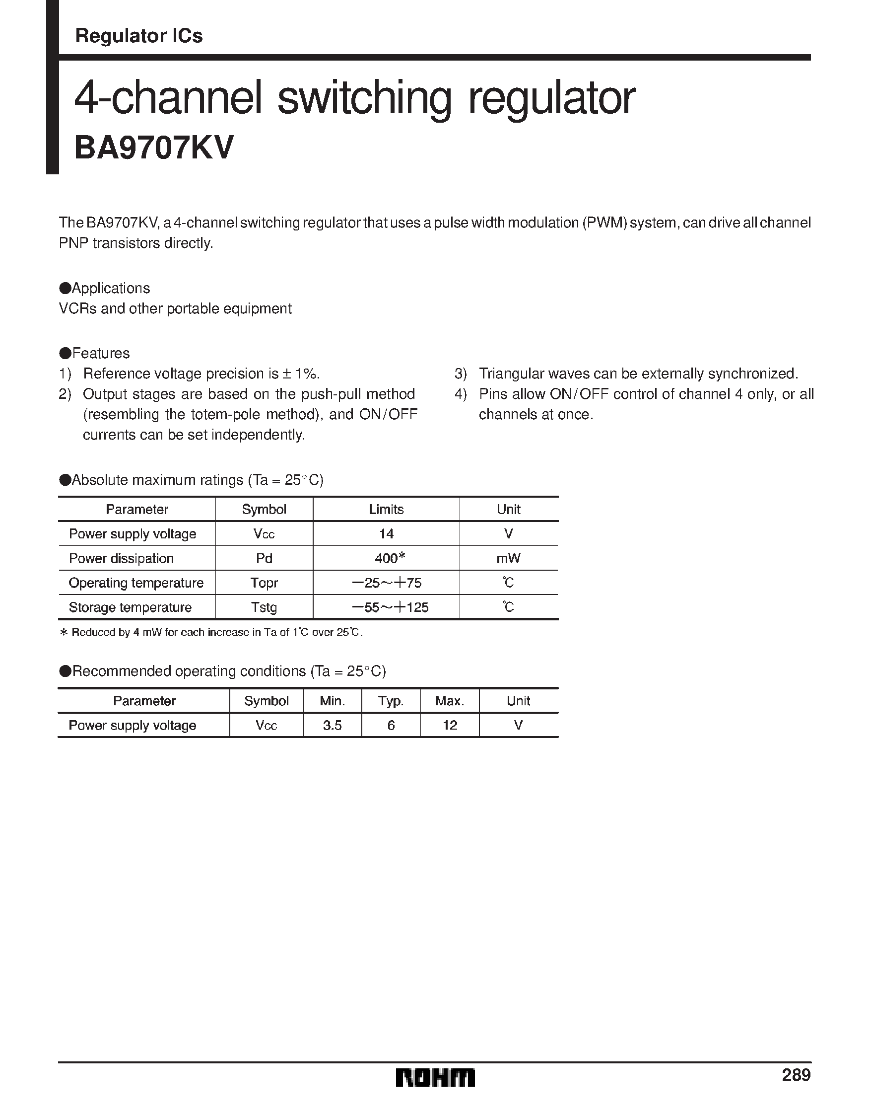 Datasheet BA9707 - 4-channel switching regulator page 1