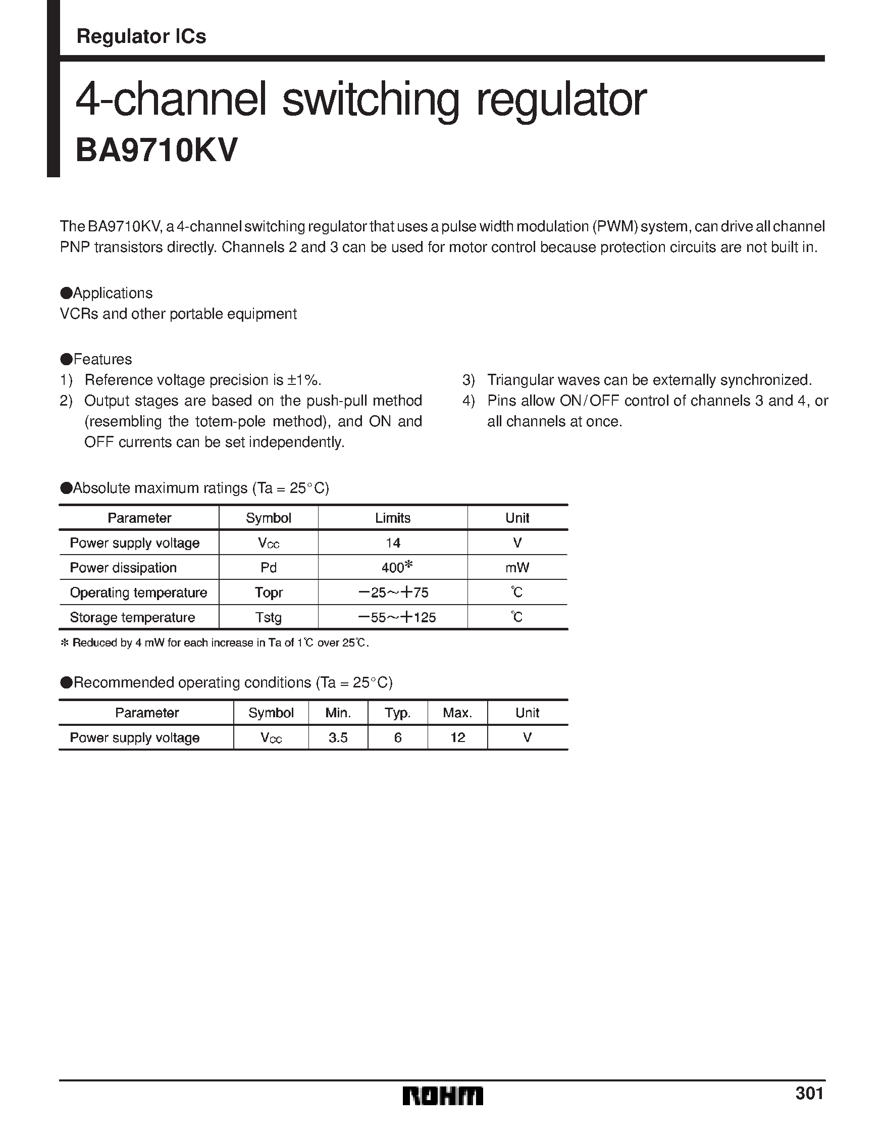 Datasheet BA9710KV - 4-channel switching regulator page 1