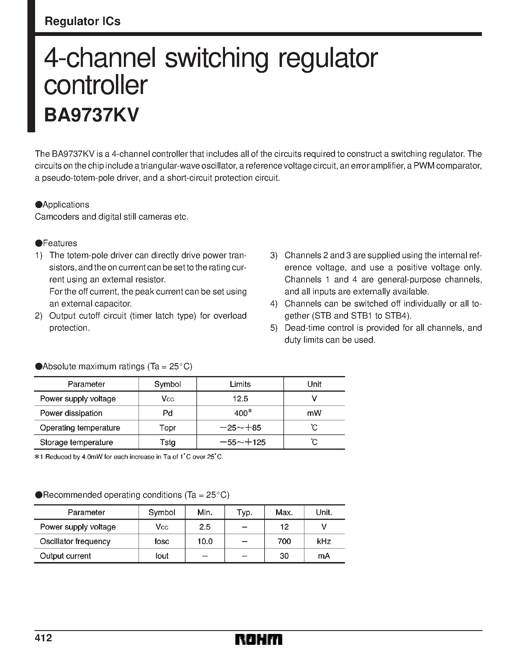 Datasheet BA9737KV - 4-channel switching regulator controller page 1