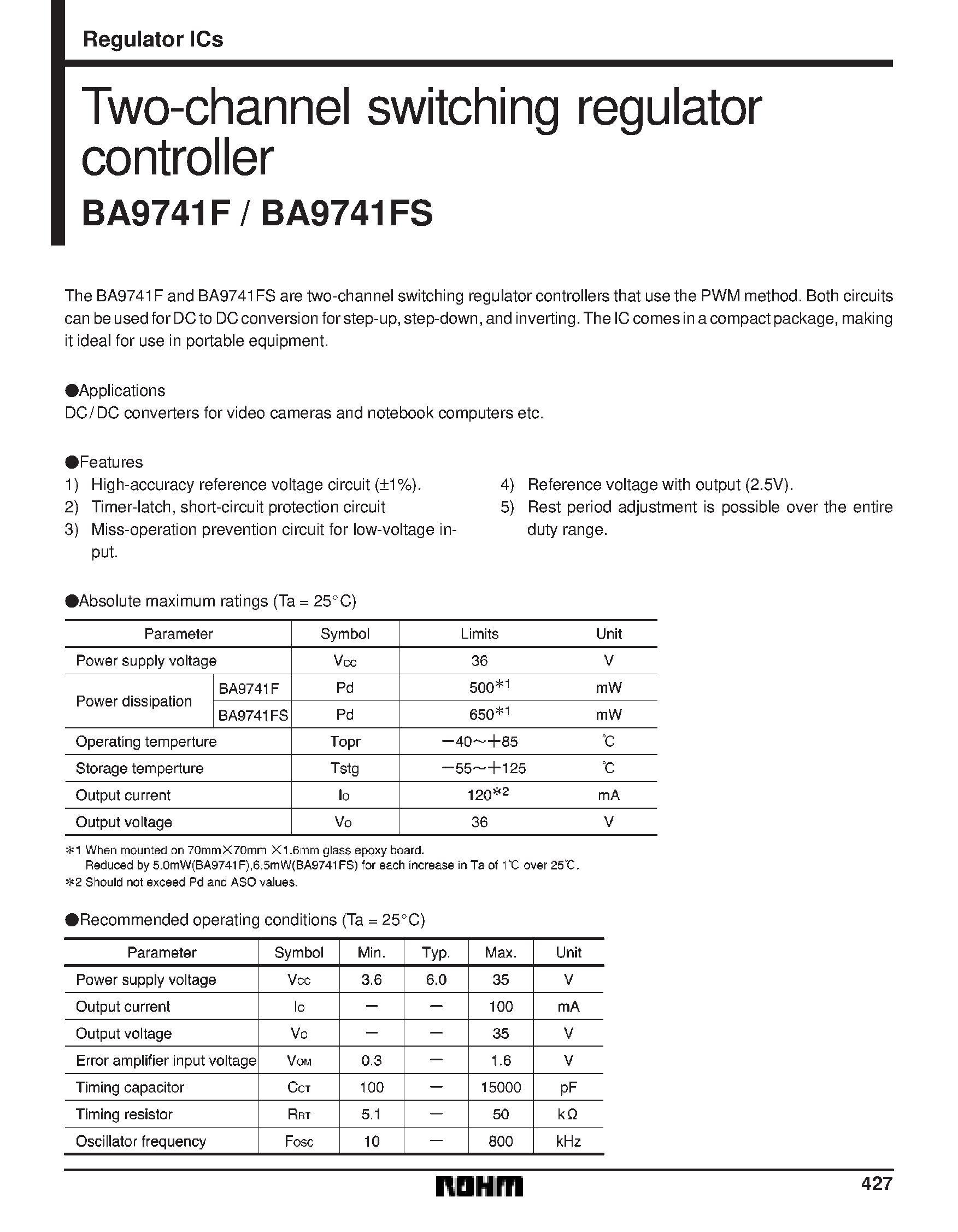 Даташит на микросхему BA9741F страница 1 Даташит BA9741F - Two-channel switching regulator controller страница 1