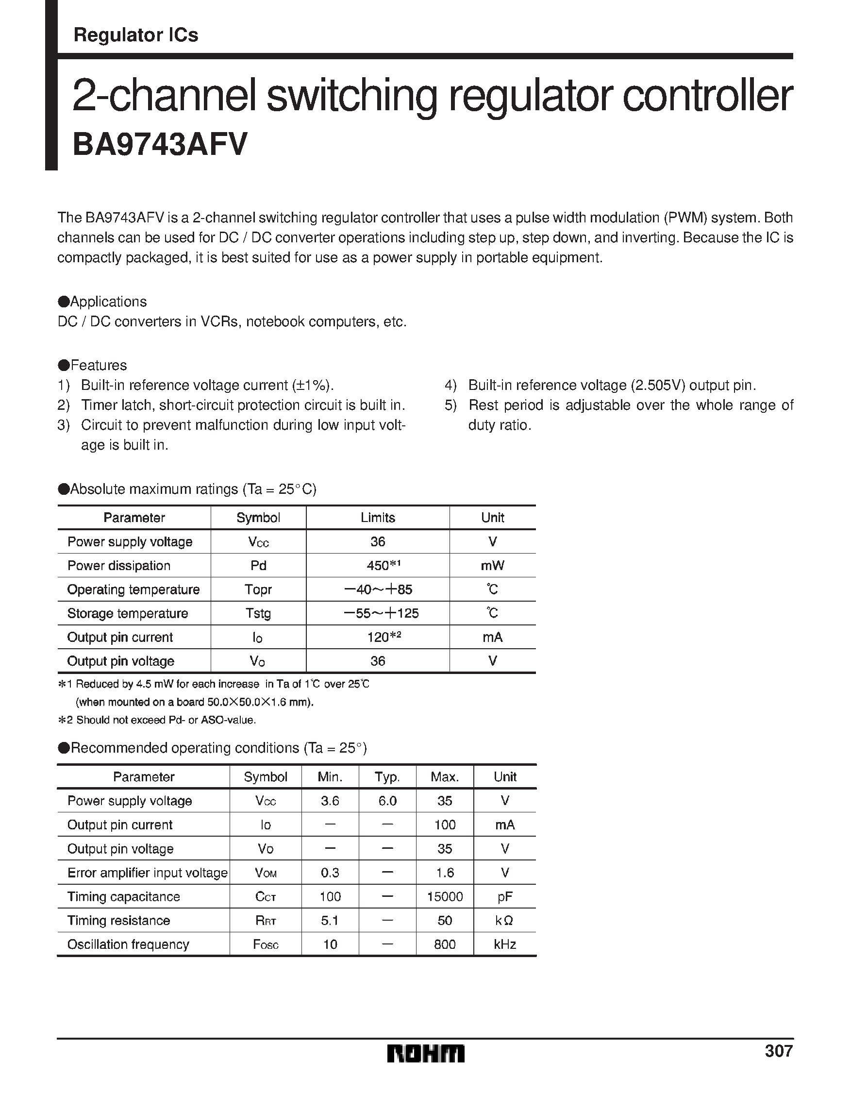 Даташит BA9743AFV - 2-channel switching regulator controller страница 1