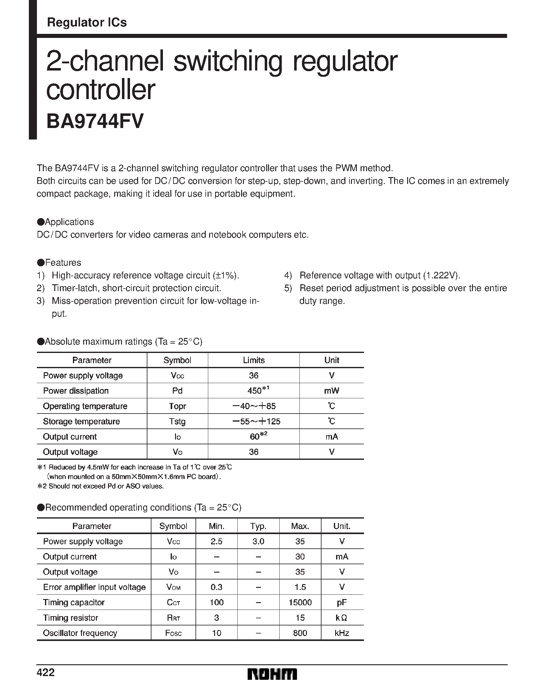 Даташит на микросхему BA9744FV страница 1 Даташит BA9744FV - 2-channel switching regulator controller страница 1