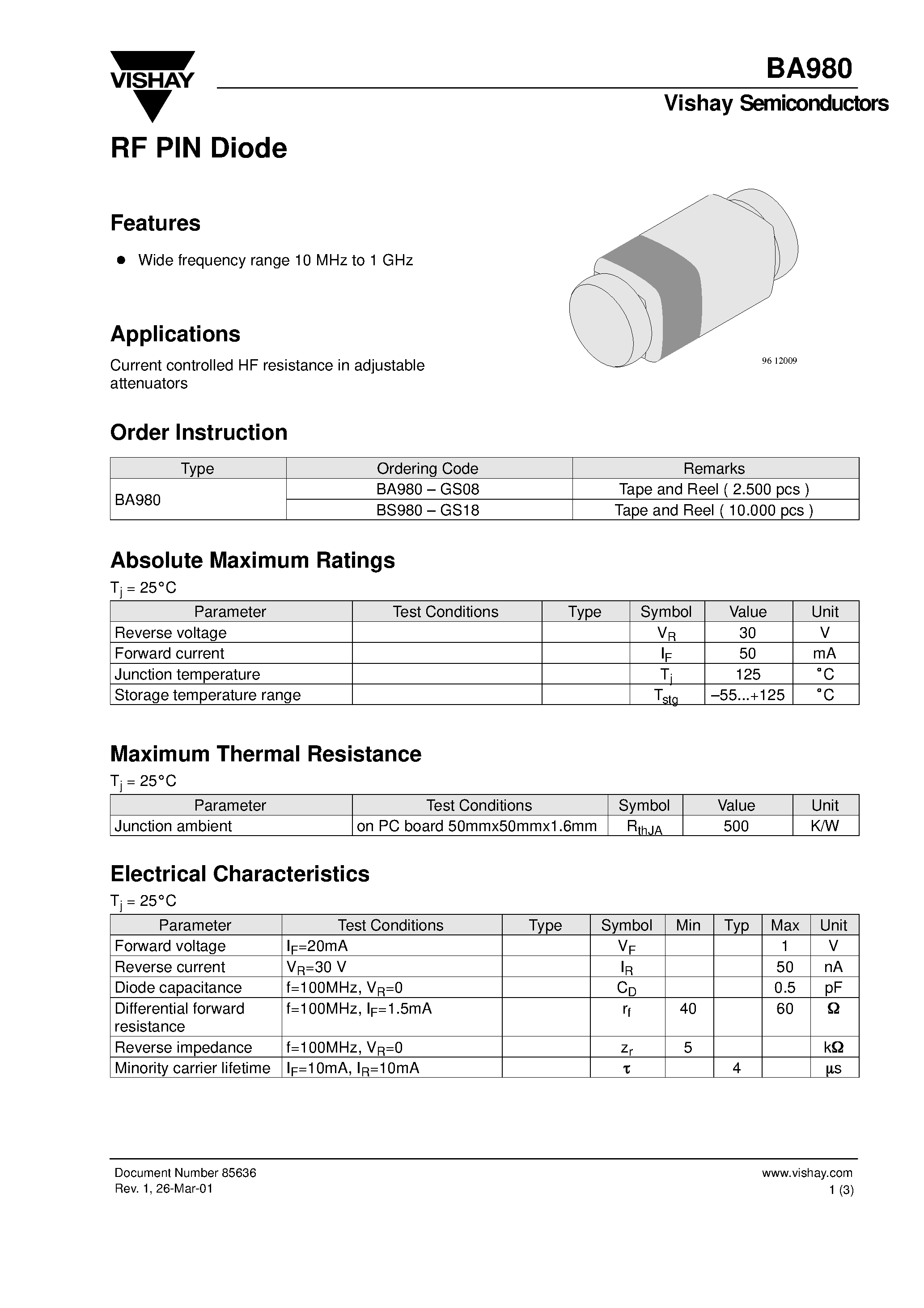 Datasheet BA980 - RF PIN Diode page 1
