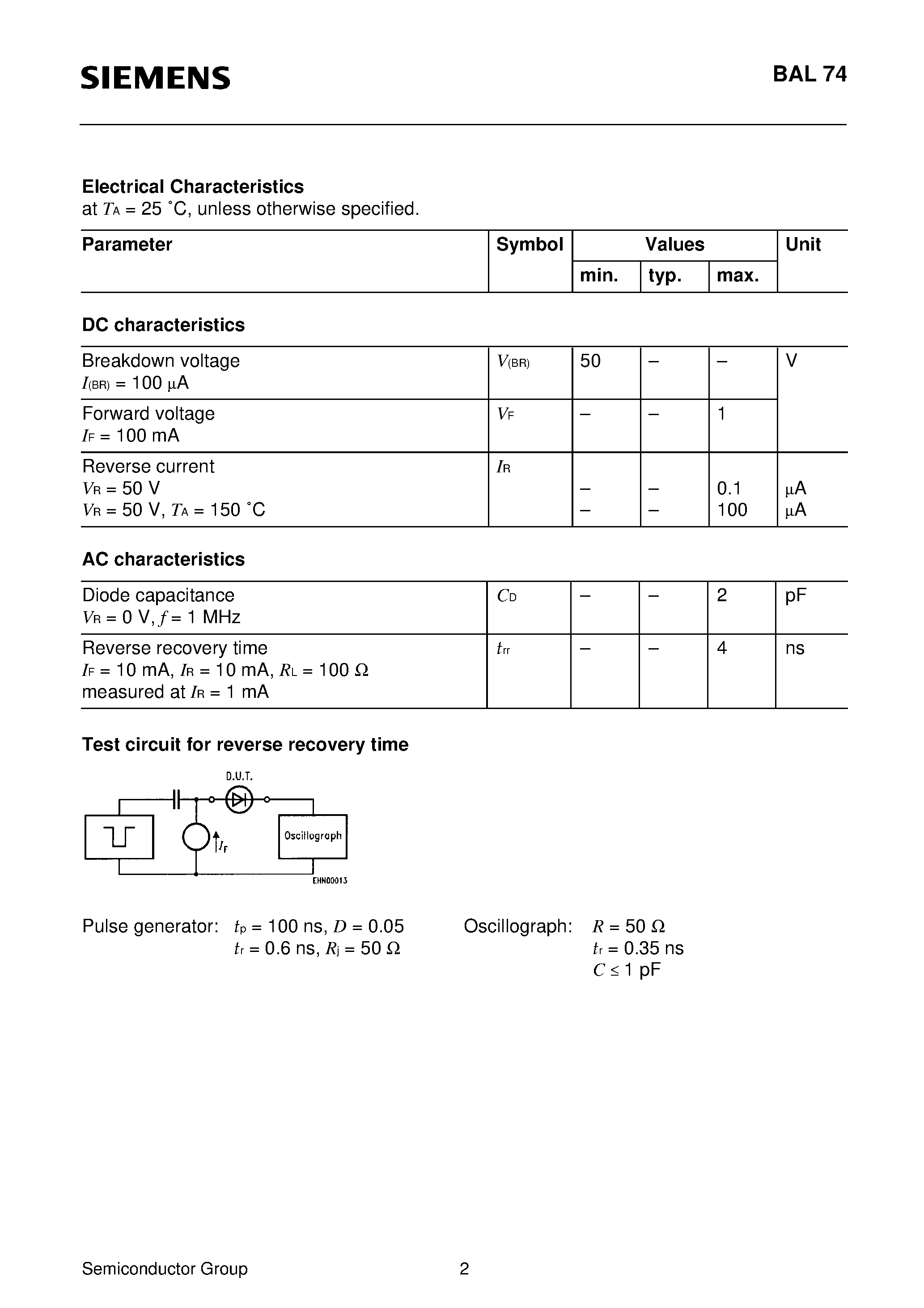 Datasheet BAL74 page 2 Datasheet BAL74 - Silicon Switching Diode page 2