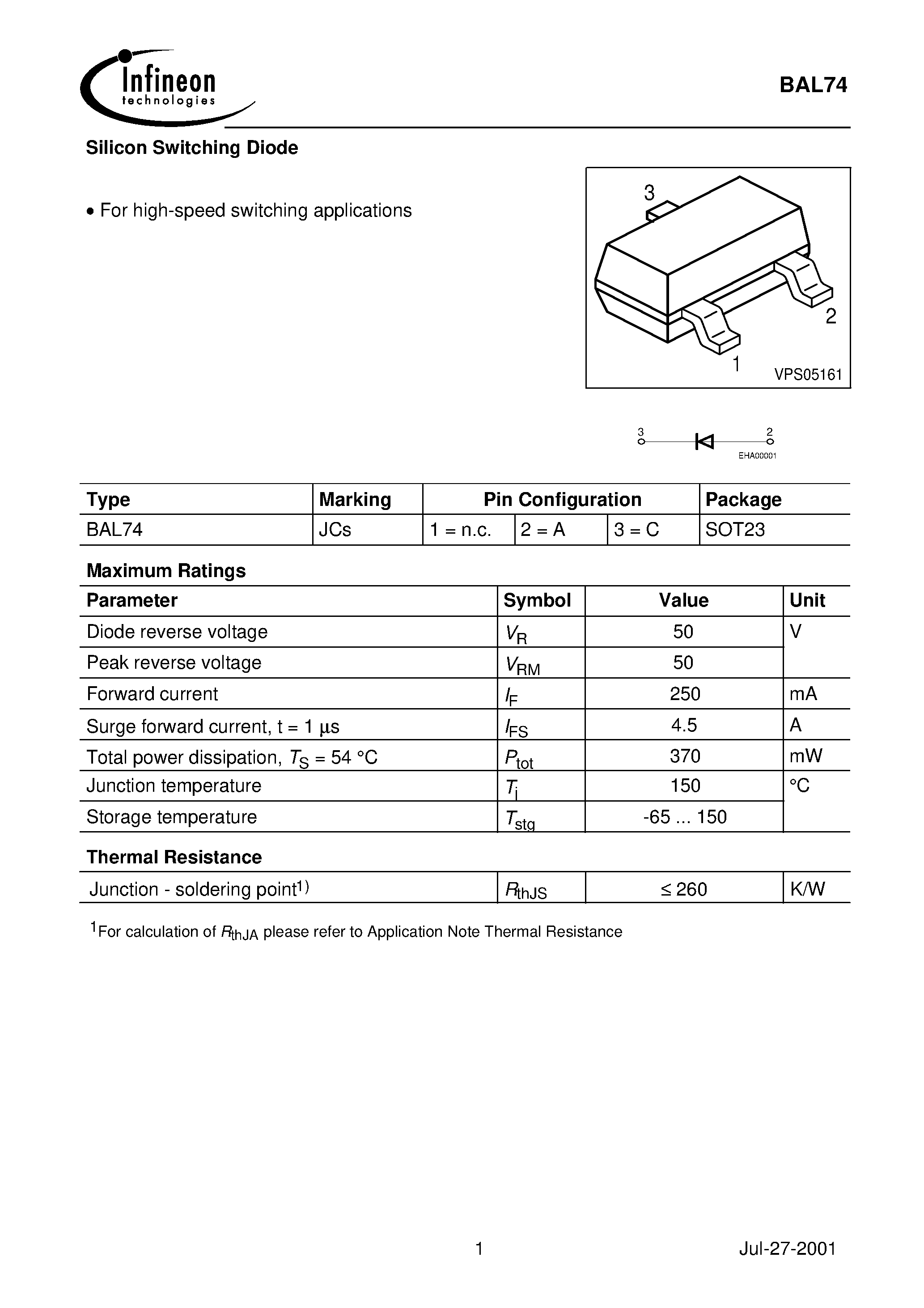 Datasheet BAL74 page 1 Datasheet BAL74 - Silicon Switching Diode page 1