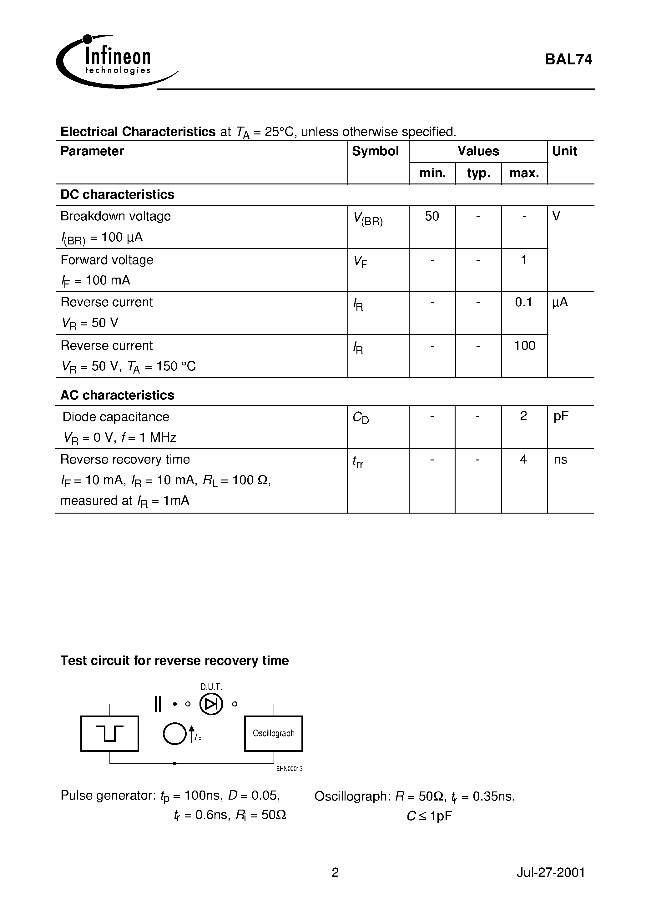 Datasheet BAL74 page 2 Datasheet BAL74 - Silicon Switching Diode page 2