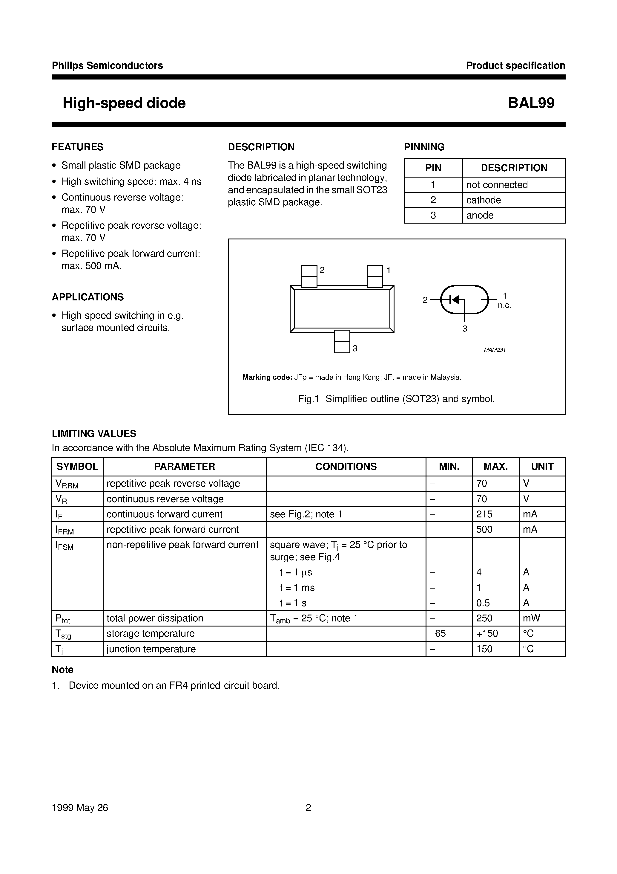 Datasheet BAL99 page 2 Datasheet BAL99 - High-speed diode page 2
