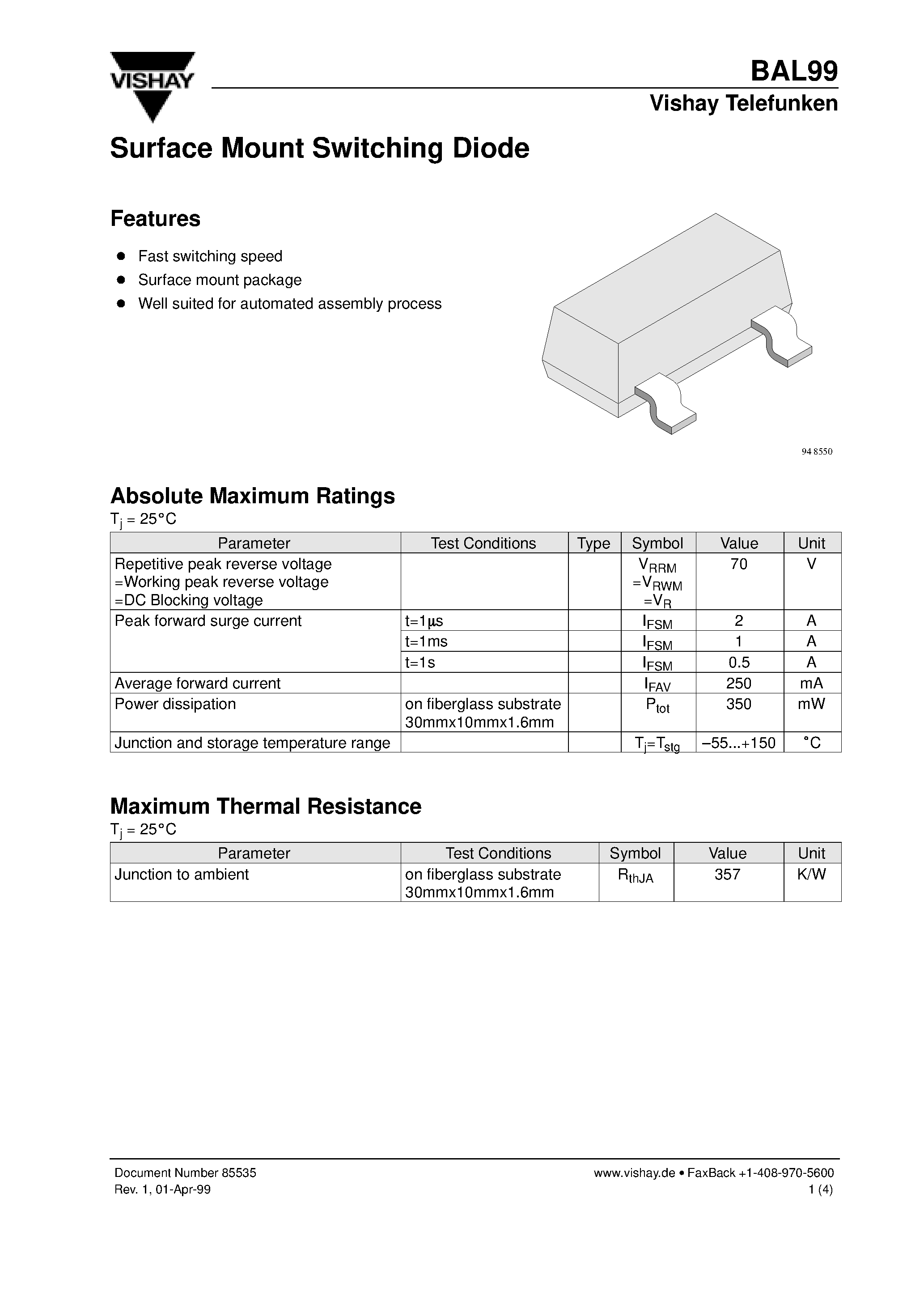 Datasheet BAL99 page 1 Datasheet BAL99 - Surface Mount Switching Diode page 1