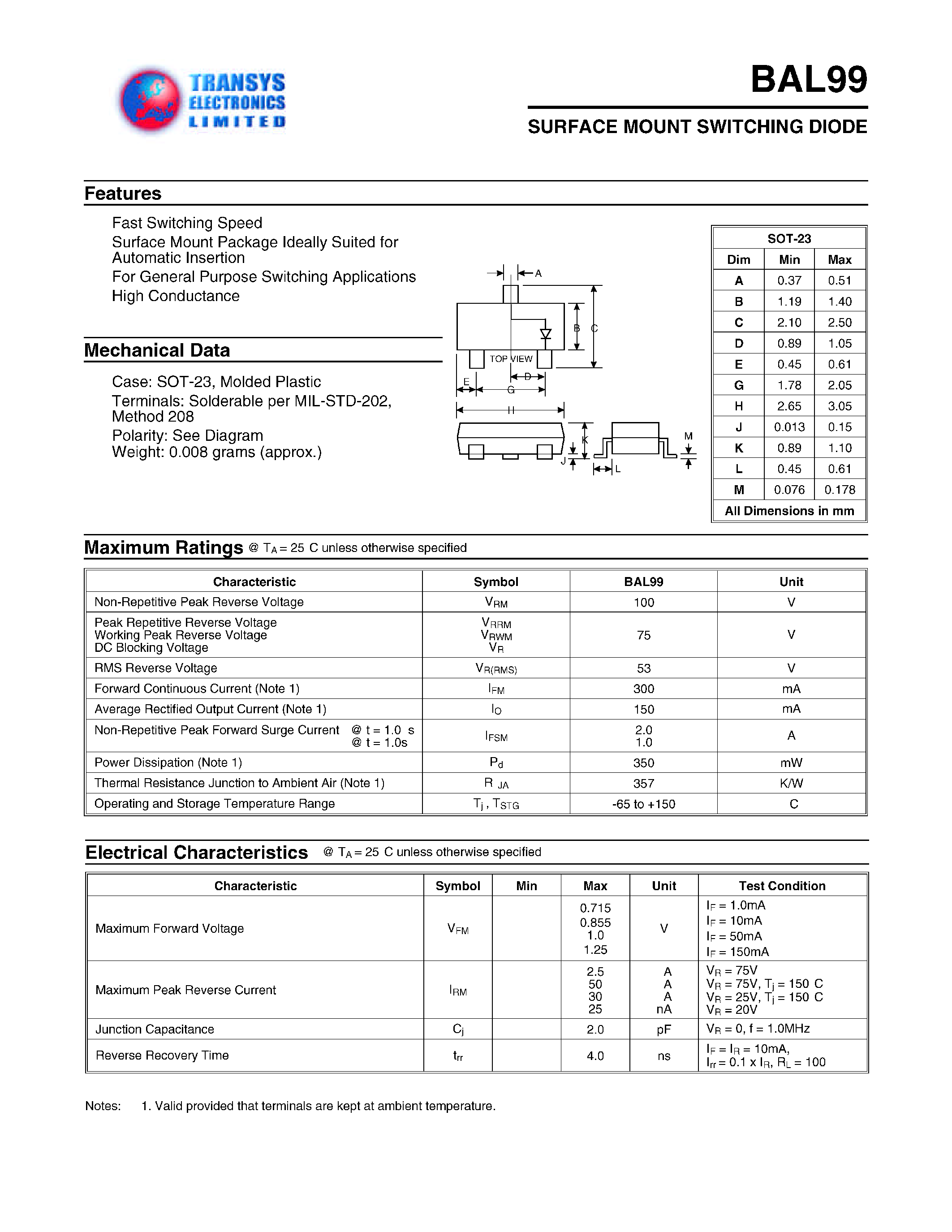 Datasheet BAL99 page 1 Datasheet BAL99 - SURFACE MOUNT SWITCHING DIODE page 1