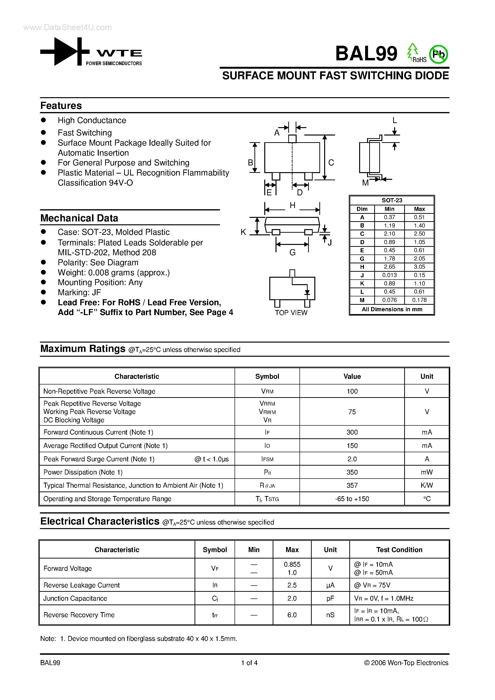 Datasheet BAL99 page 1 Datasheet BAL99 - SURFACE MOUNT FAST SWITCHING DIODE page 1