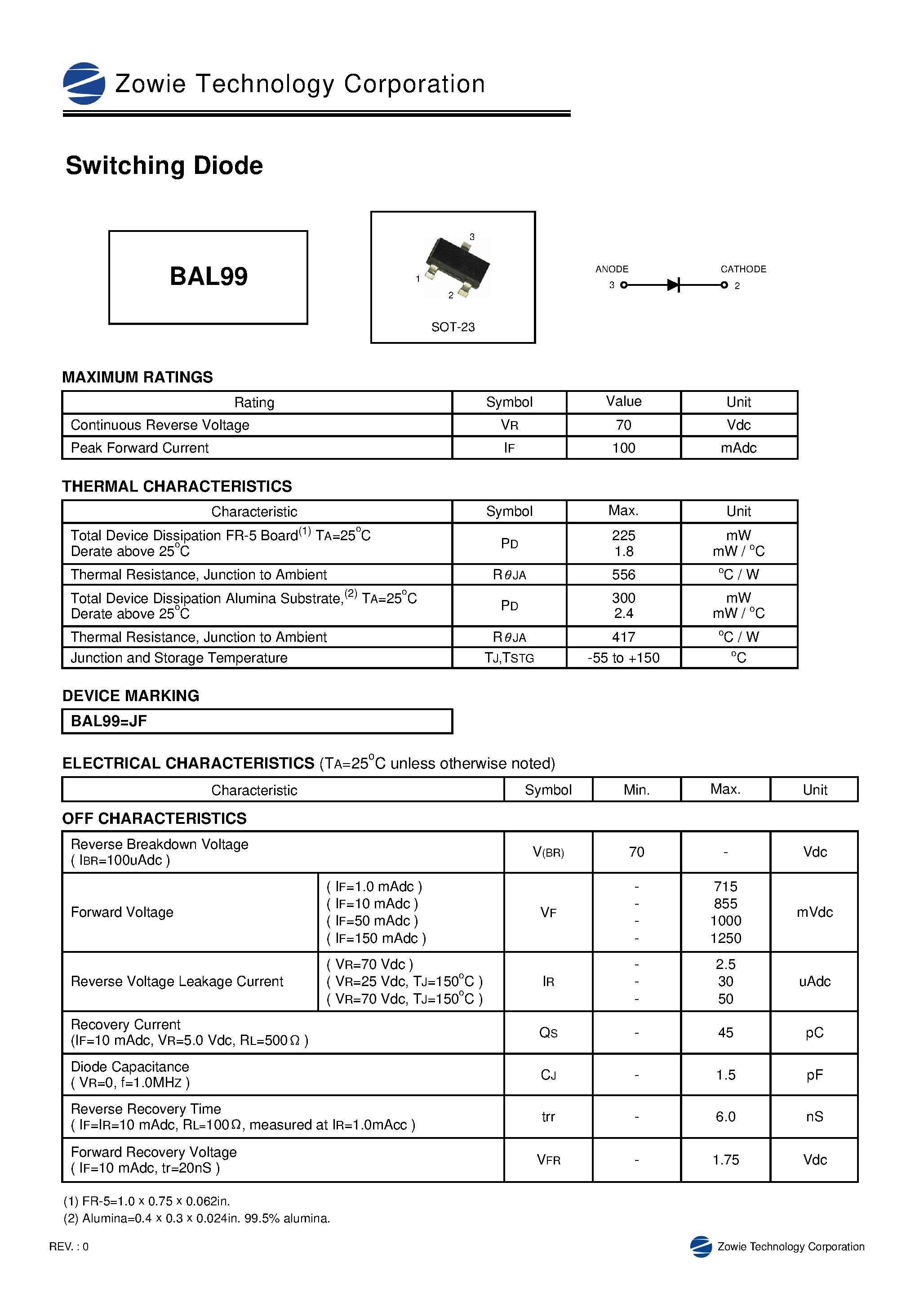 Datasheet BAL99 page 1 Datasheet BAL99 - SWITCHING DIODE page 1