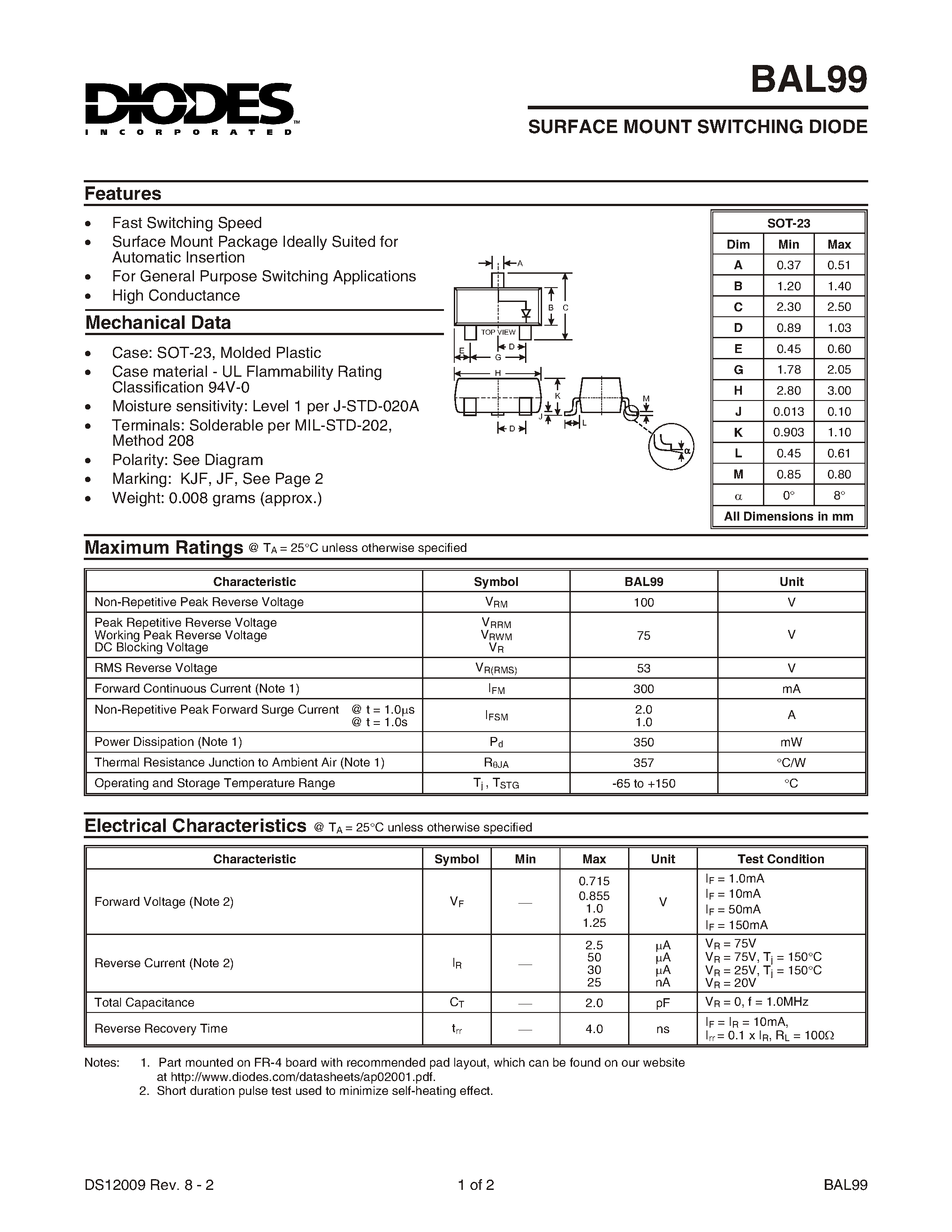 Datasheet BAL99-7 page 1 Datasheet BAL99-7 - SURFACE MOUNT SWITCHING DIODE page 1