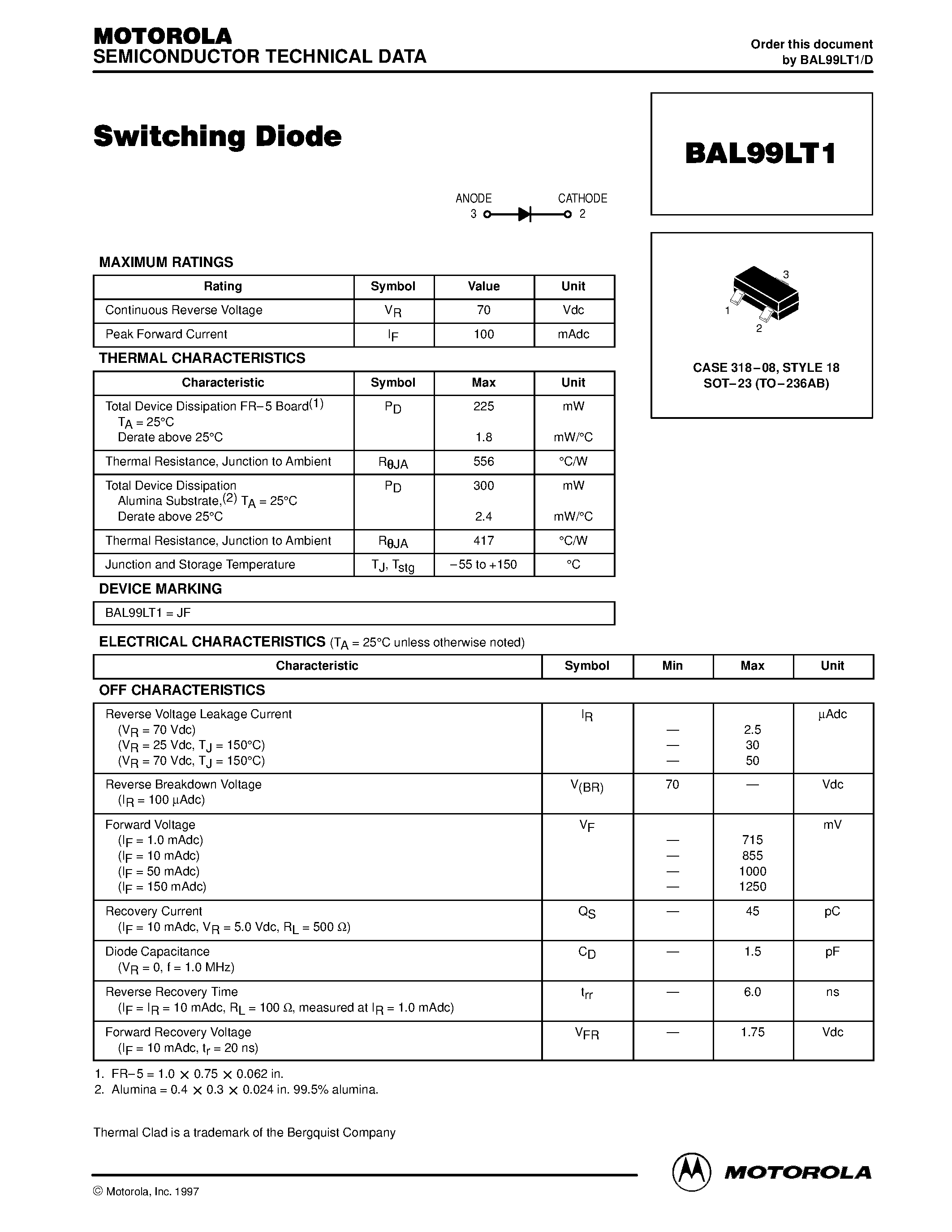 Datasheet BAL99LT1 page 1 Datasheet BAL99LT1 - Switching Diode page 1