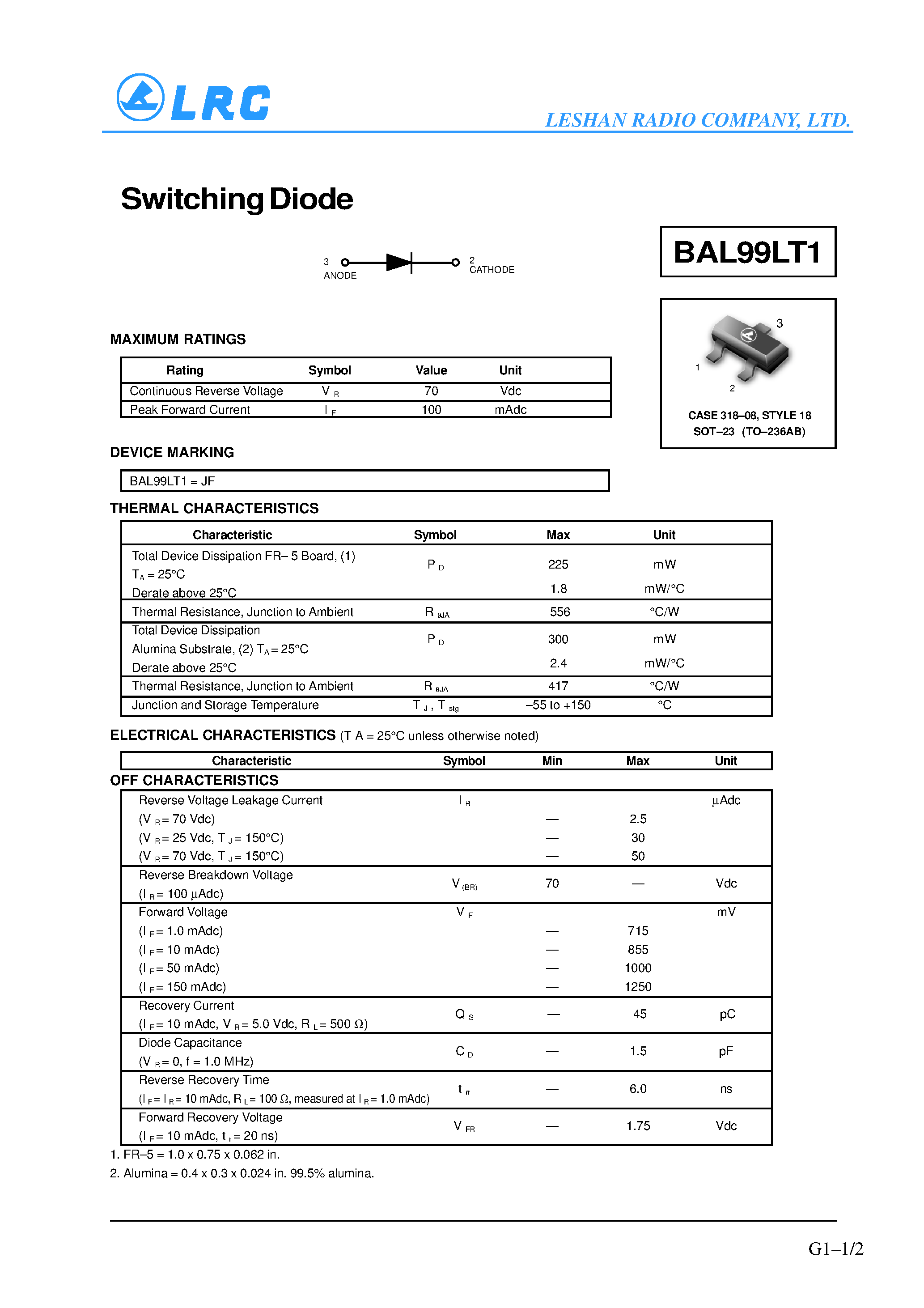 Datasheet BAL99LT1 page 1 Datasheet BAL99LT1 - Switching Diode page 1