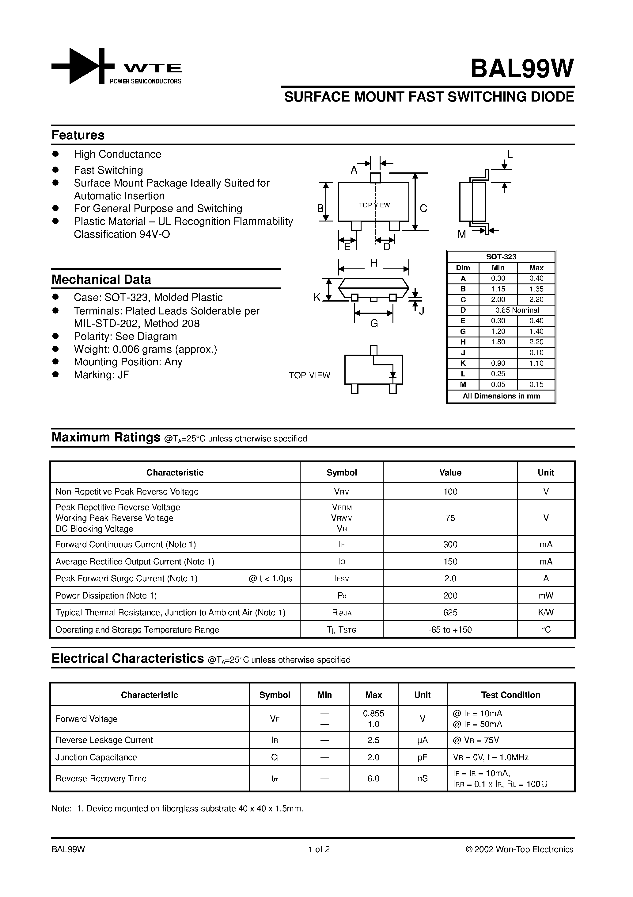 Datasheet BAL99W-T1 page 1 Datasheet BAL99W-T1 - SURFACE MOUNT FAST SWITCHING DIODE page 1