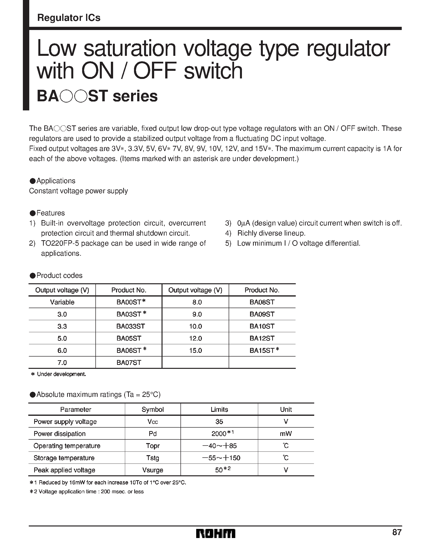 Даташит на микросхему BAOOST страница 1 Даташит BAOOST - Low saturation voltage type regulator with ON / OFF switch страница 1