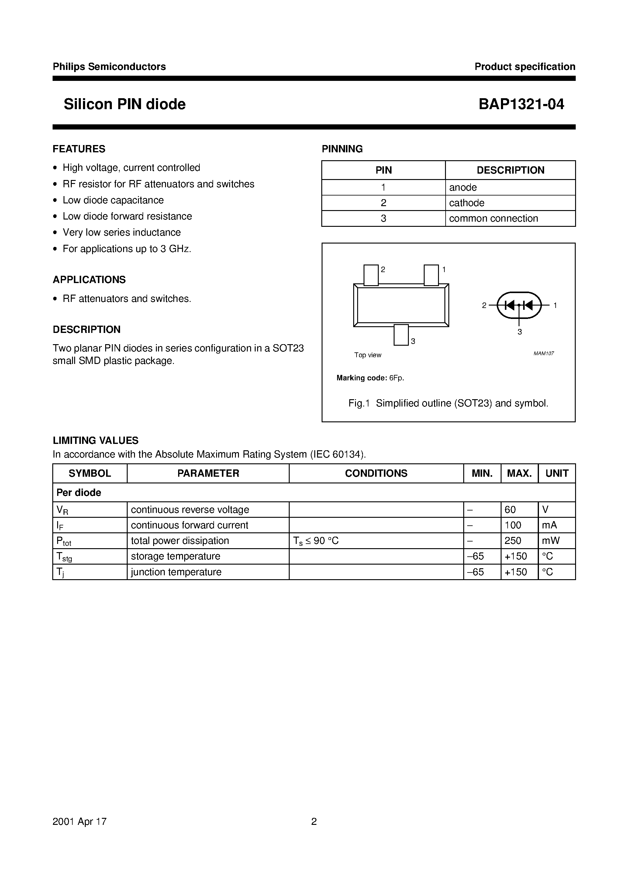 Datasheet BAP1321-04 page 2 Datasheet BAP1321-04 - Silicon PIN diode page 2