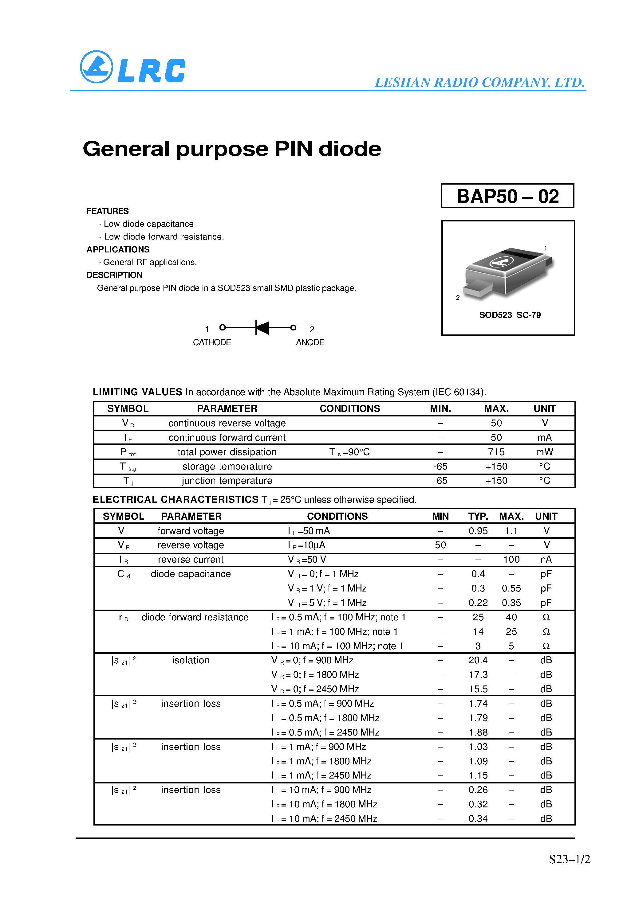 Datasheet BAP50-02 page 1 Datasheet BAP50-02 - General purpose PIN diode page 1