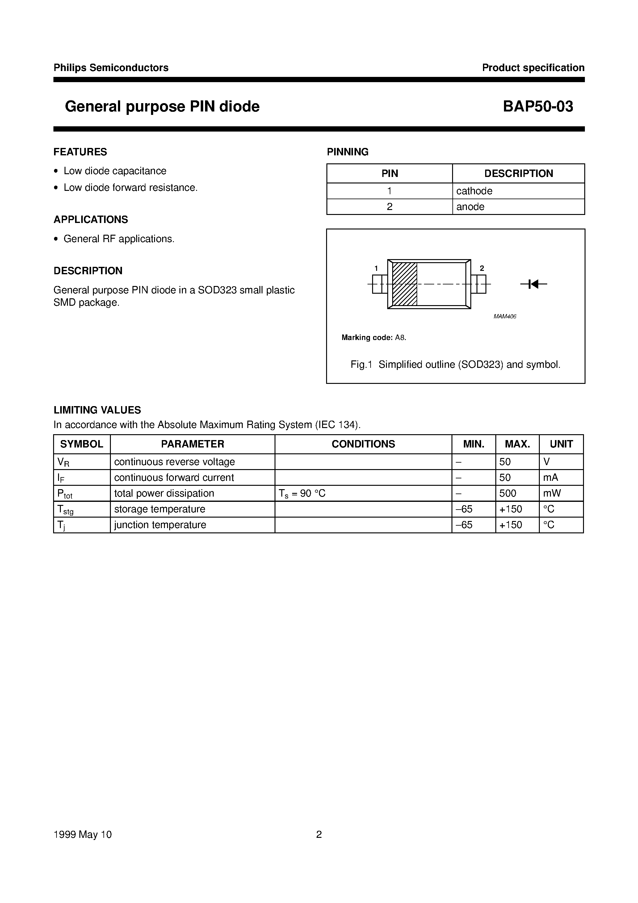 Datasheet BAP50-03 page 2 Datasheet BAP50-03 - General purpose PIN diode page 2