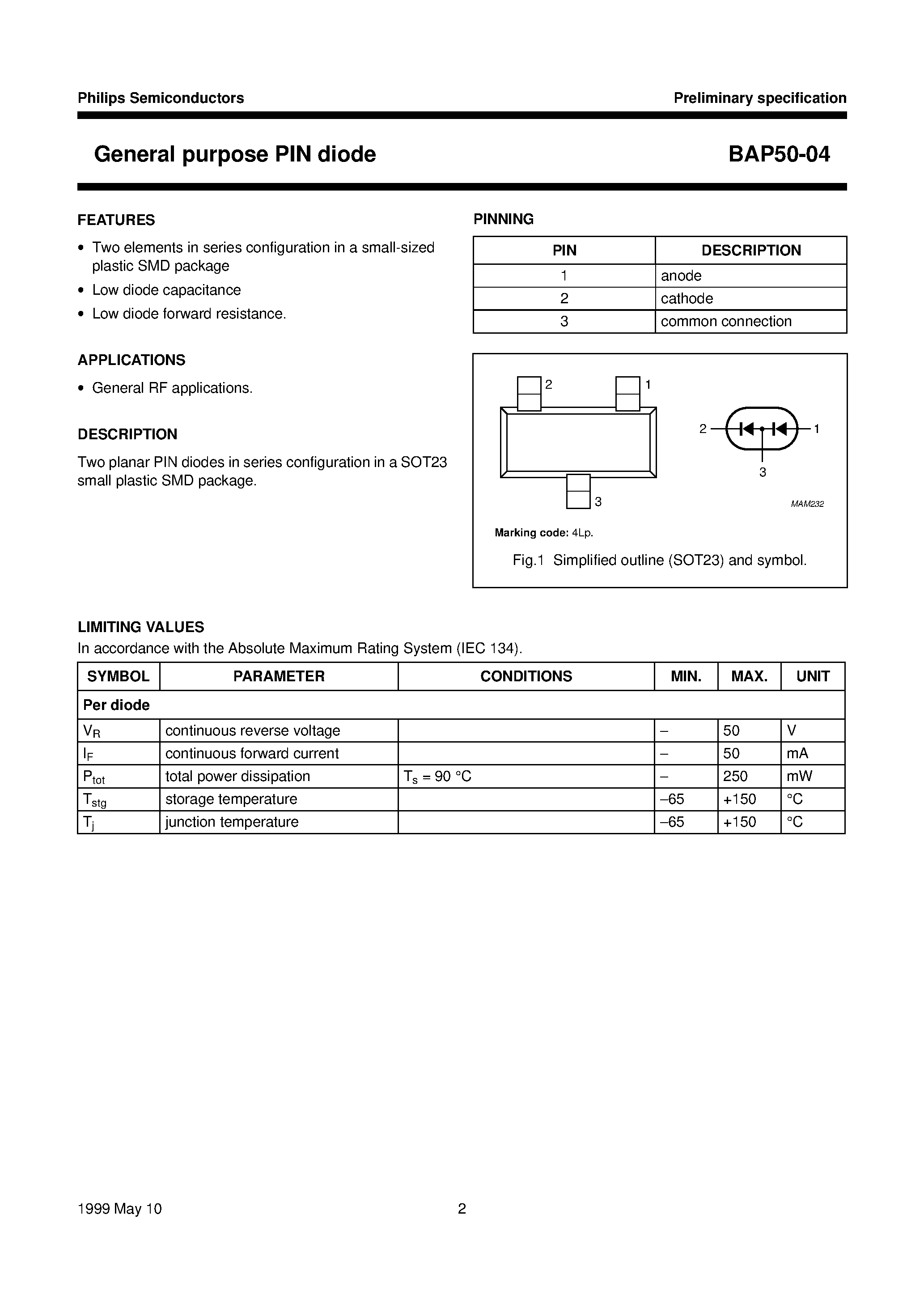 Datasheet BAP50-04 page 2 Datasheet BAP50-04 - General purpose PIN diode page 2