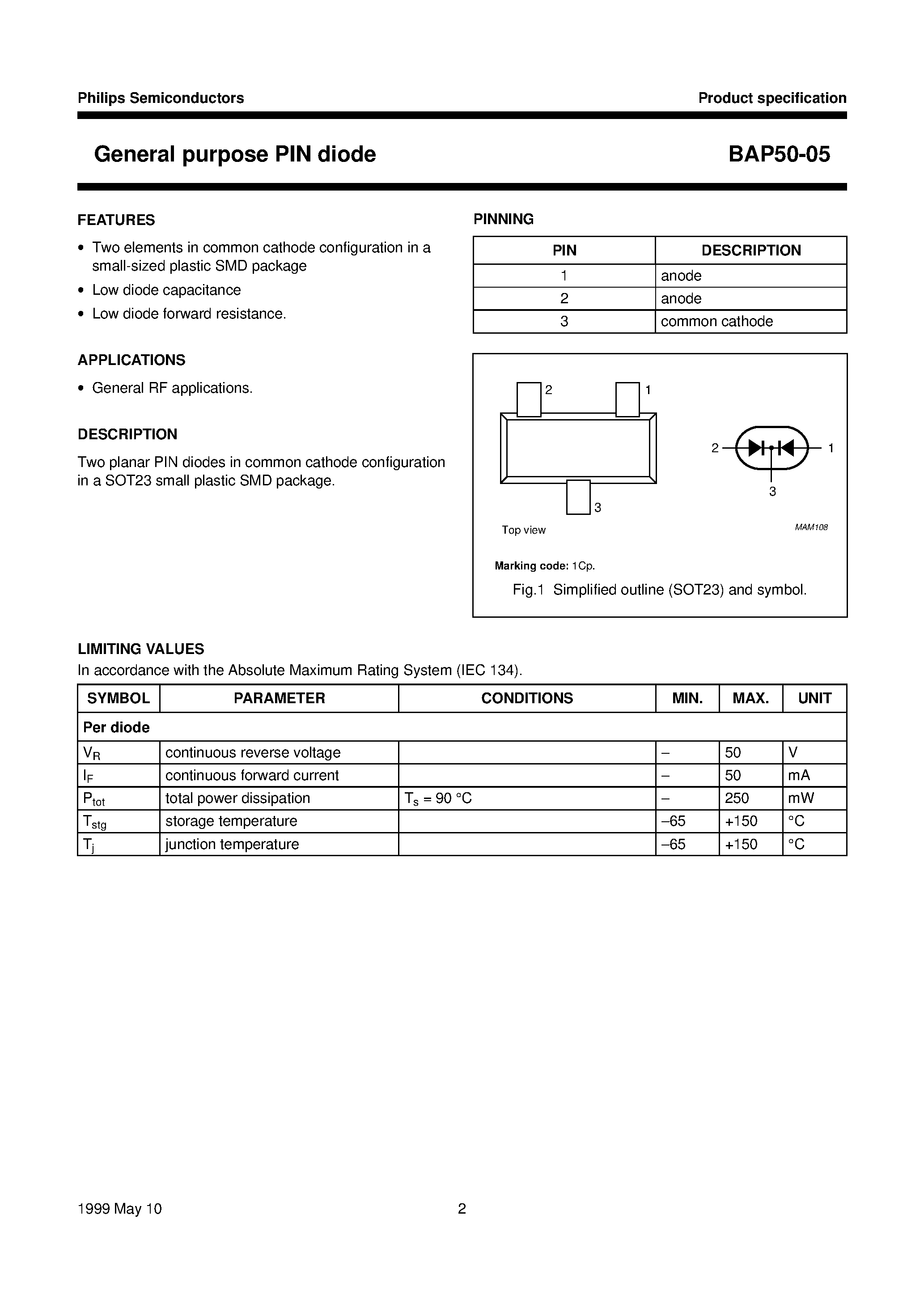 Datasheet BAP50-05 page 2 Datasheet BAP50-05 - General purpose PIN diode page 2