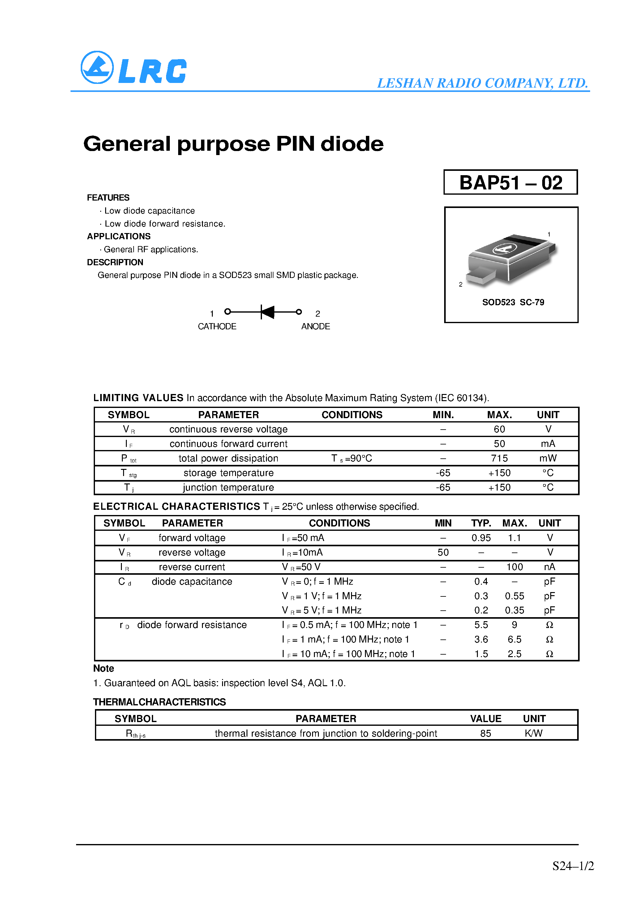 Datasheet BAP51-02 - General purpose PIN diode page 1