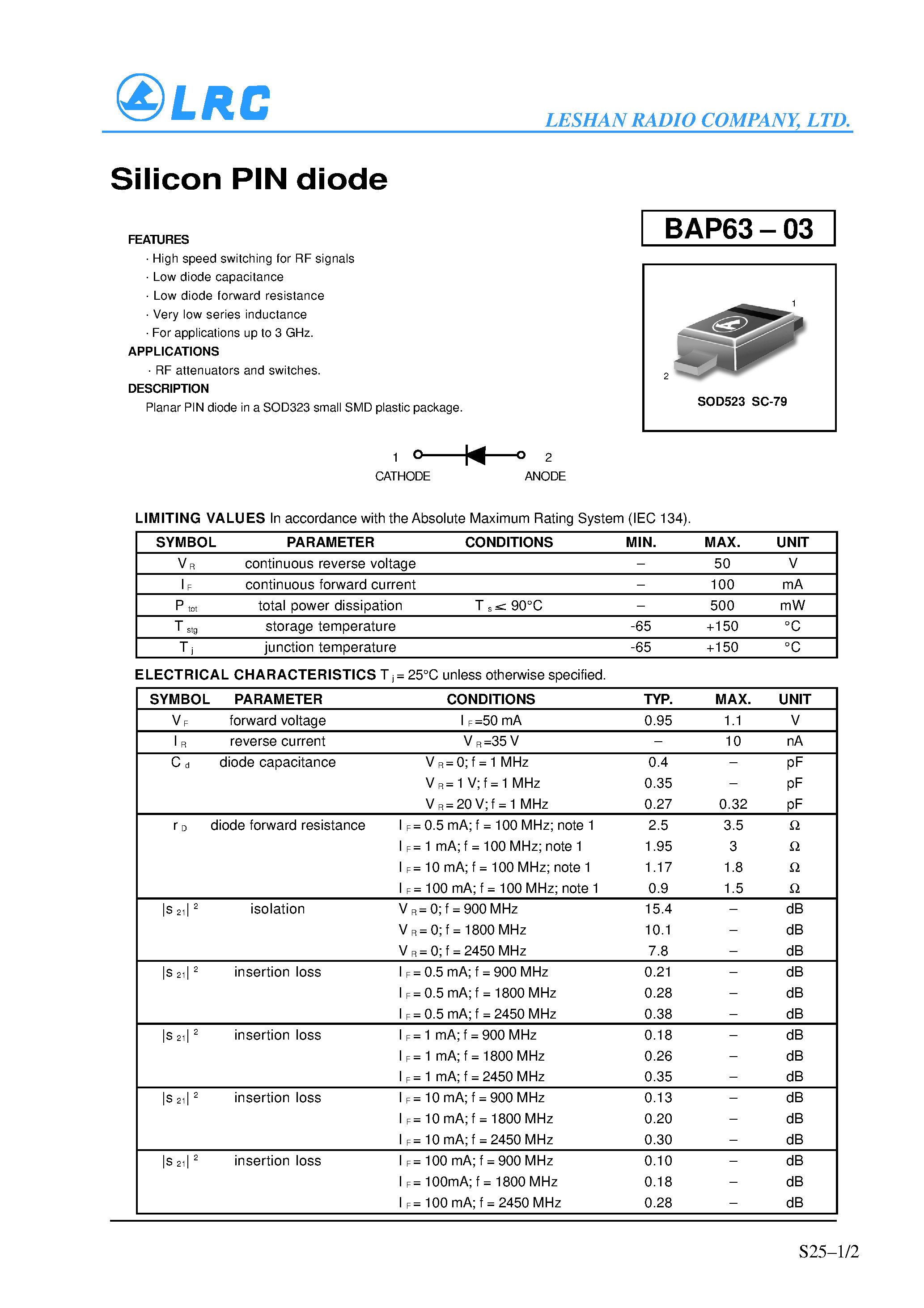 Datasheet BAP63-03 page 1 Datasheet BAP63-03 - Silicon PIN diode page 1