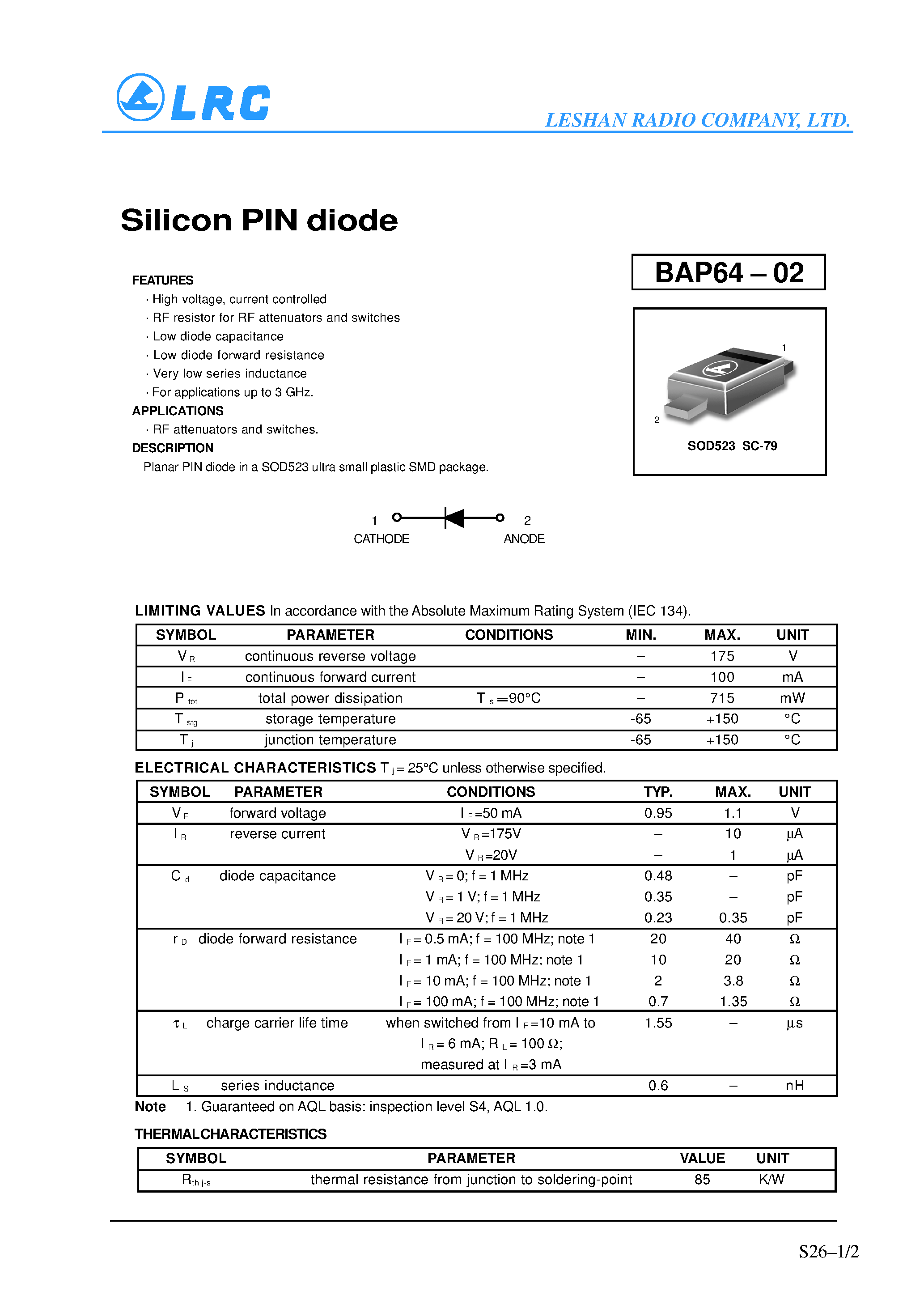 Datasheet BAP64-02 page 1 Datasheet BAP64-02 - Silicon PIN diode page 1