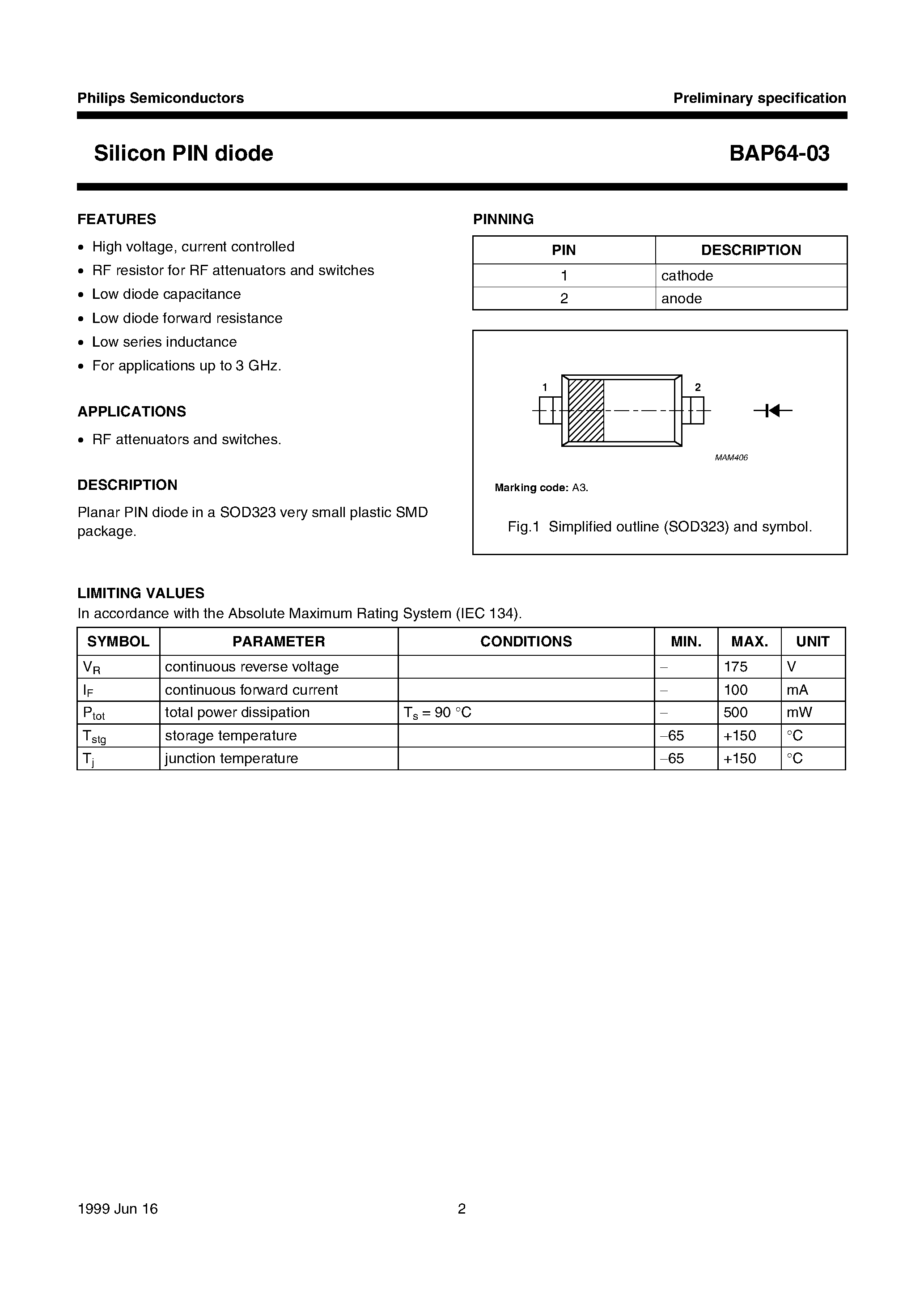 Datasheet BAP64-03 page 2 Datasheet BAP64-03 - Silicon PIN diode page 2
