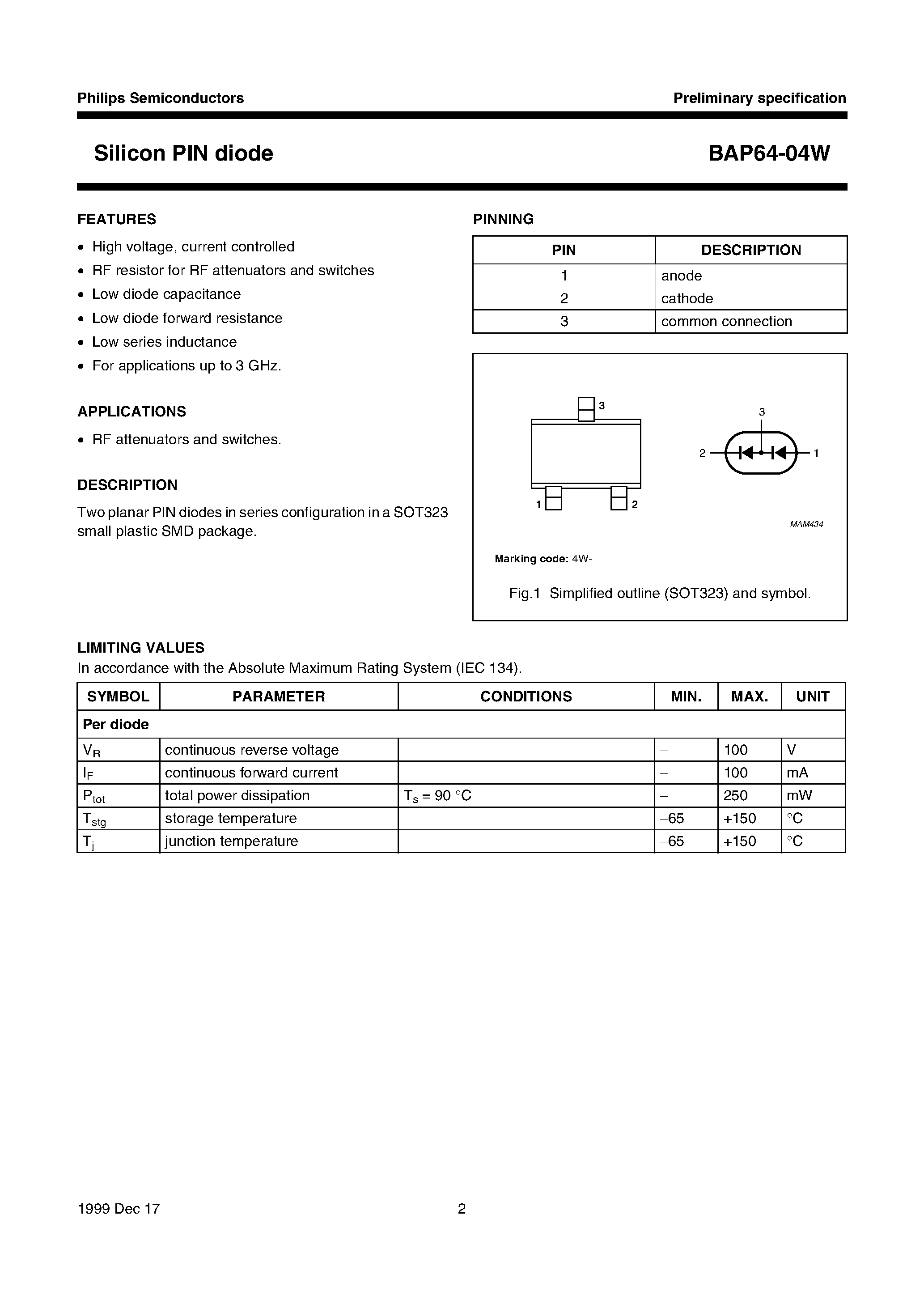 Datasheet BAP64-04W page 2 Datasheet BAP64-04W - Silicon PIN diode page 2
