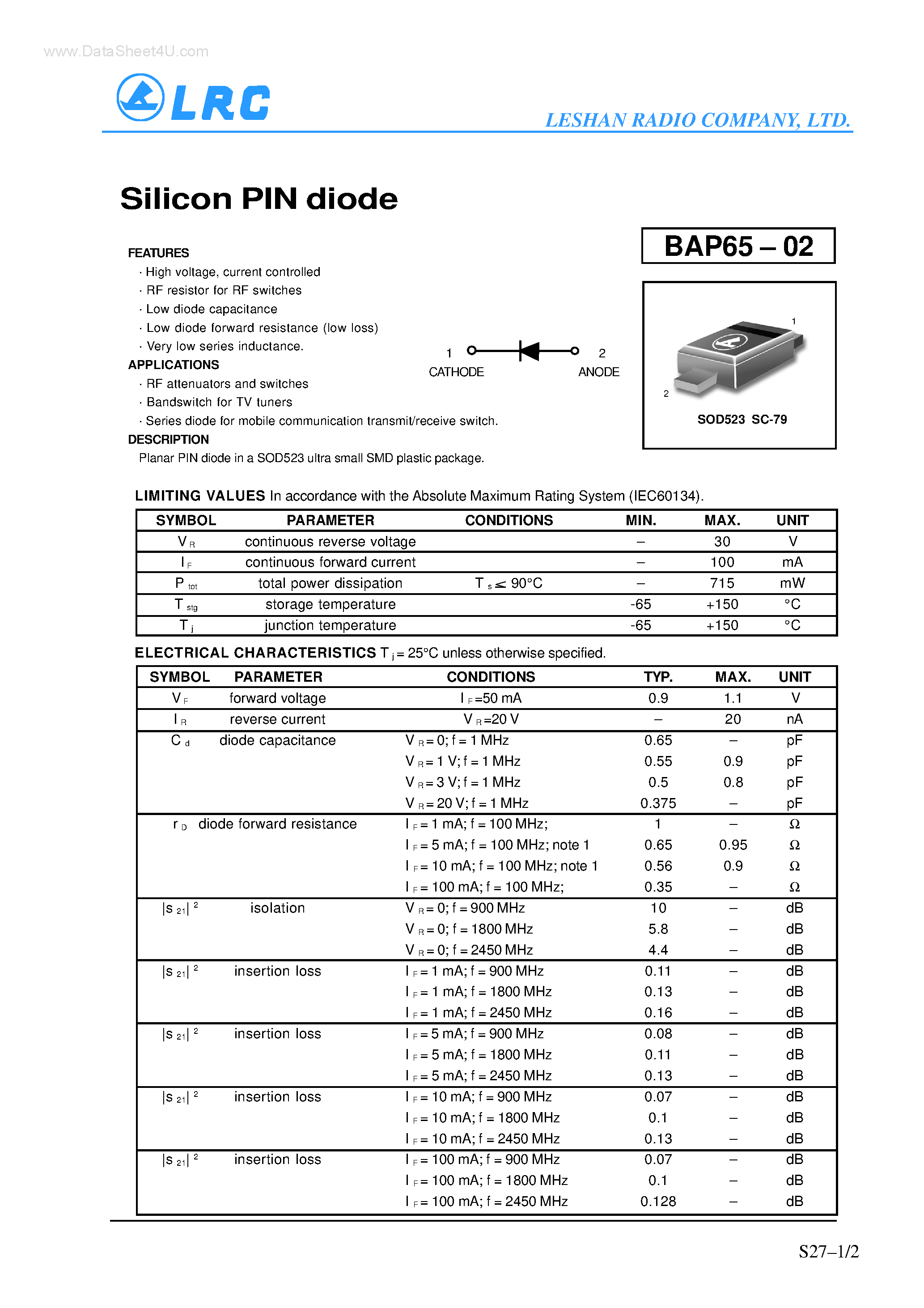 Datasheet BAP65-02 page 1 Datasheet BAP65-02 - Silicon PIN diode page 1