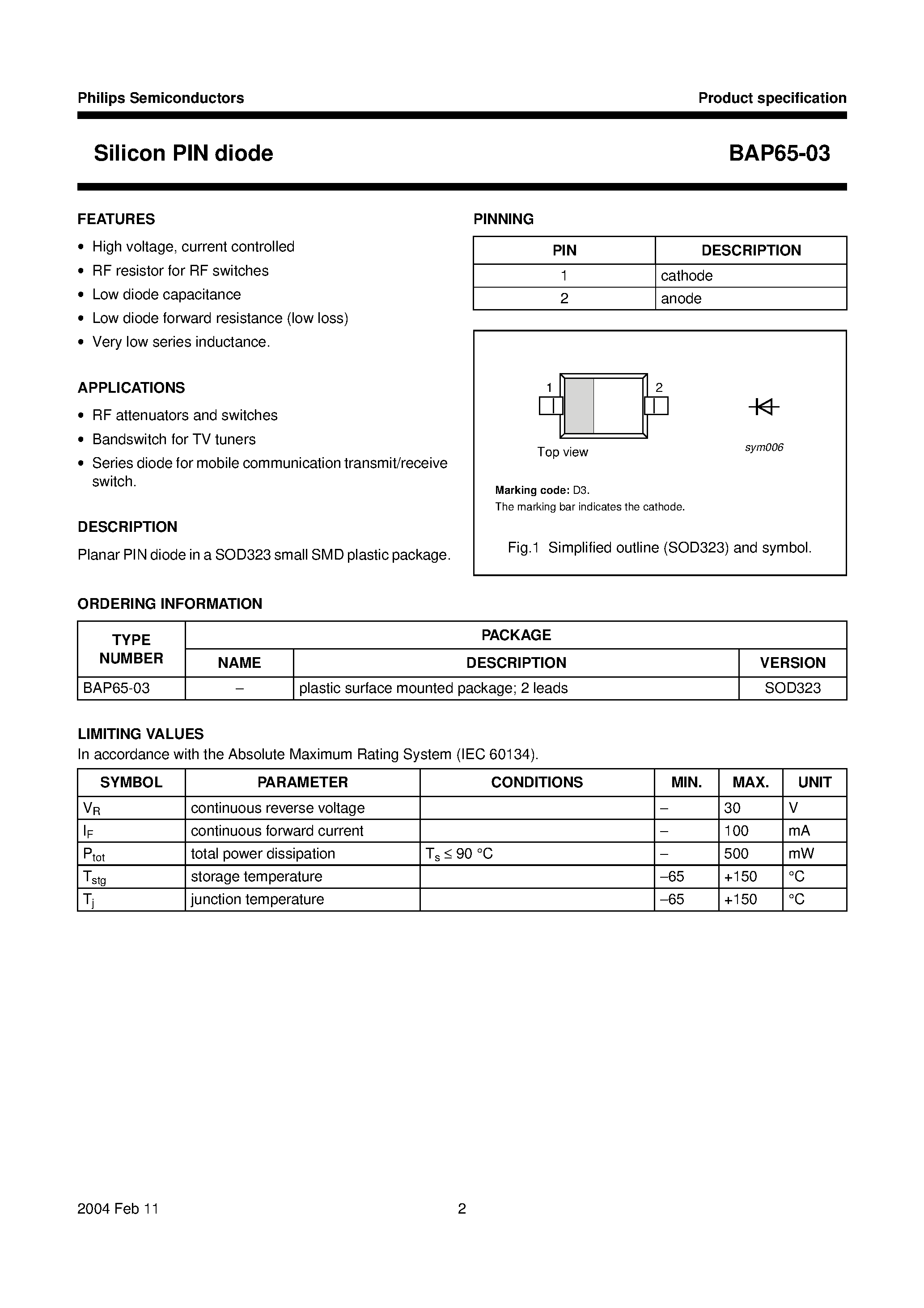 Datasheet BAP65-03 page 2 Datasheet BAP65-03 - Silicon PIN diode page 2