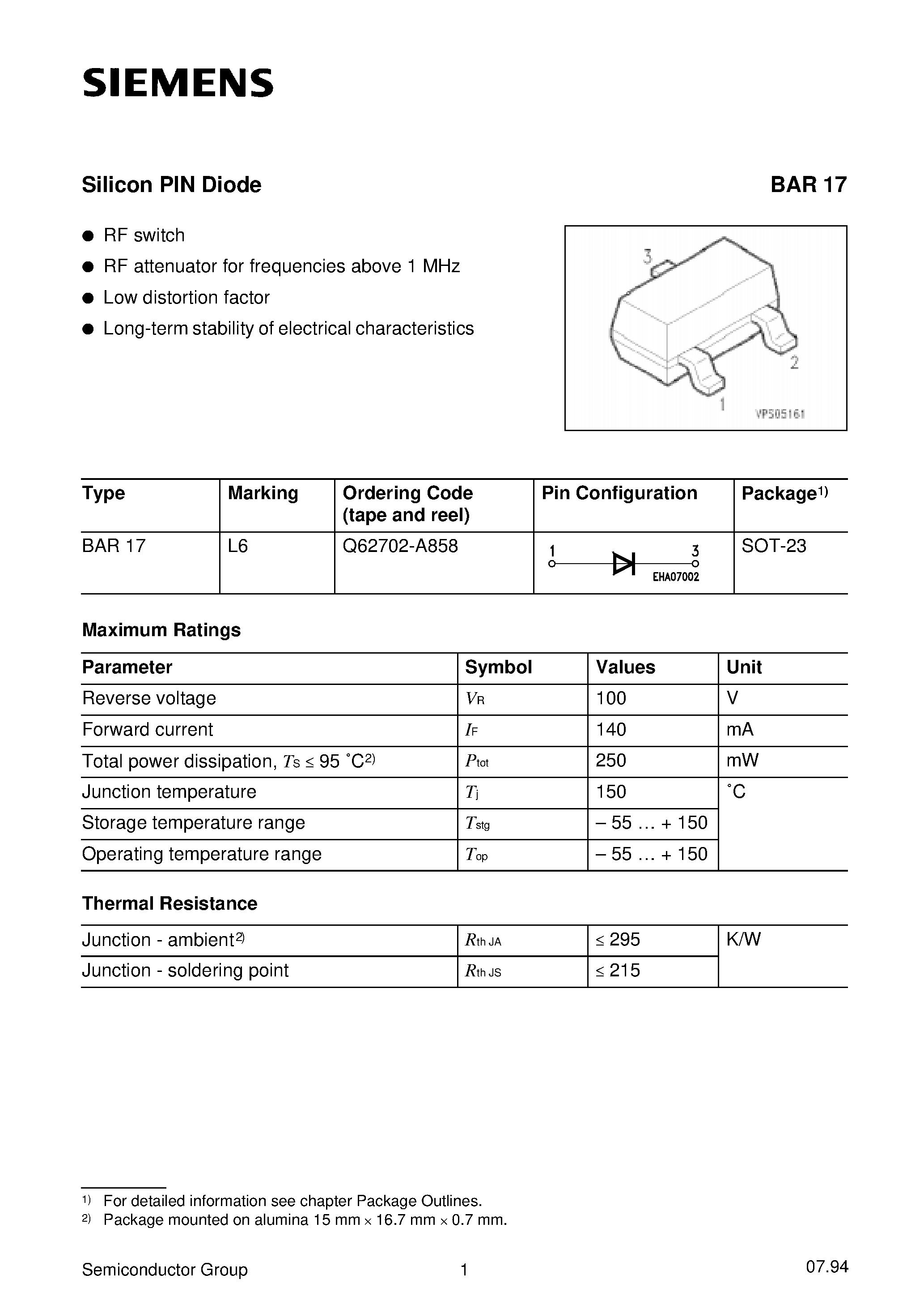 Datasheet BAR17 page 1 Datasheet BAR17 - Silicon PIN Diode page 1