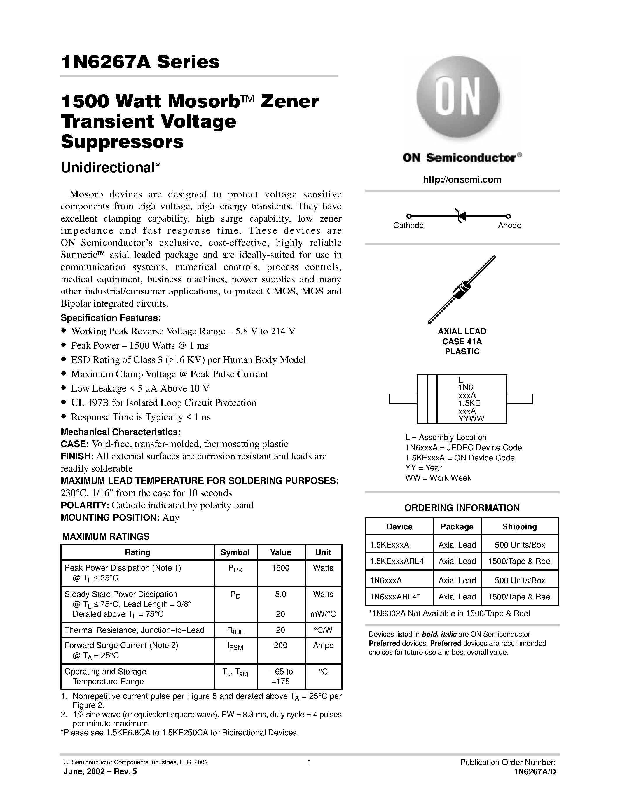 Datasheet 1.5KE160A - 1500 Watt MosorbE Zener Transient Voltage Transient Voltage page 1