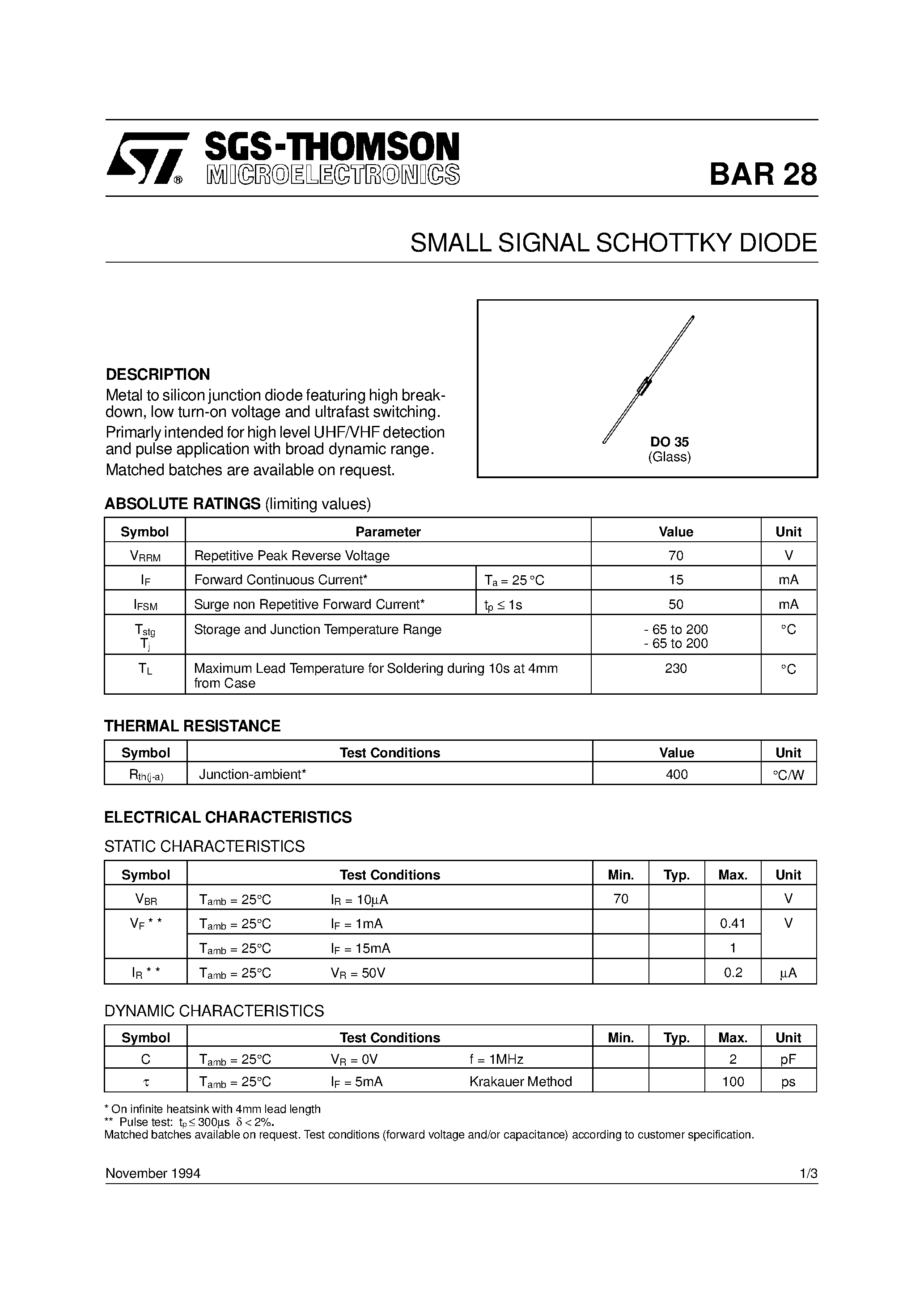 Datasheet BAR28 page 1 Datasheet BAR28 - SMALL SIGNAL SCHOTTKY DIODE page 1