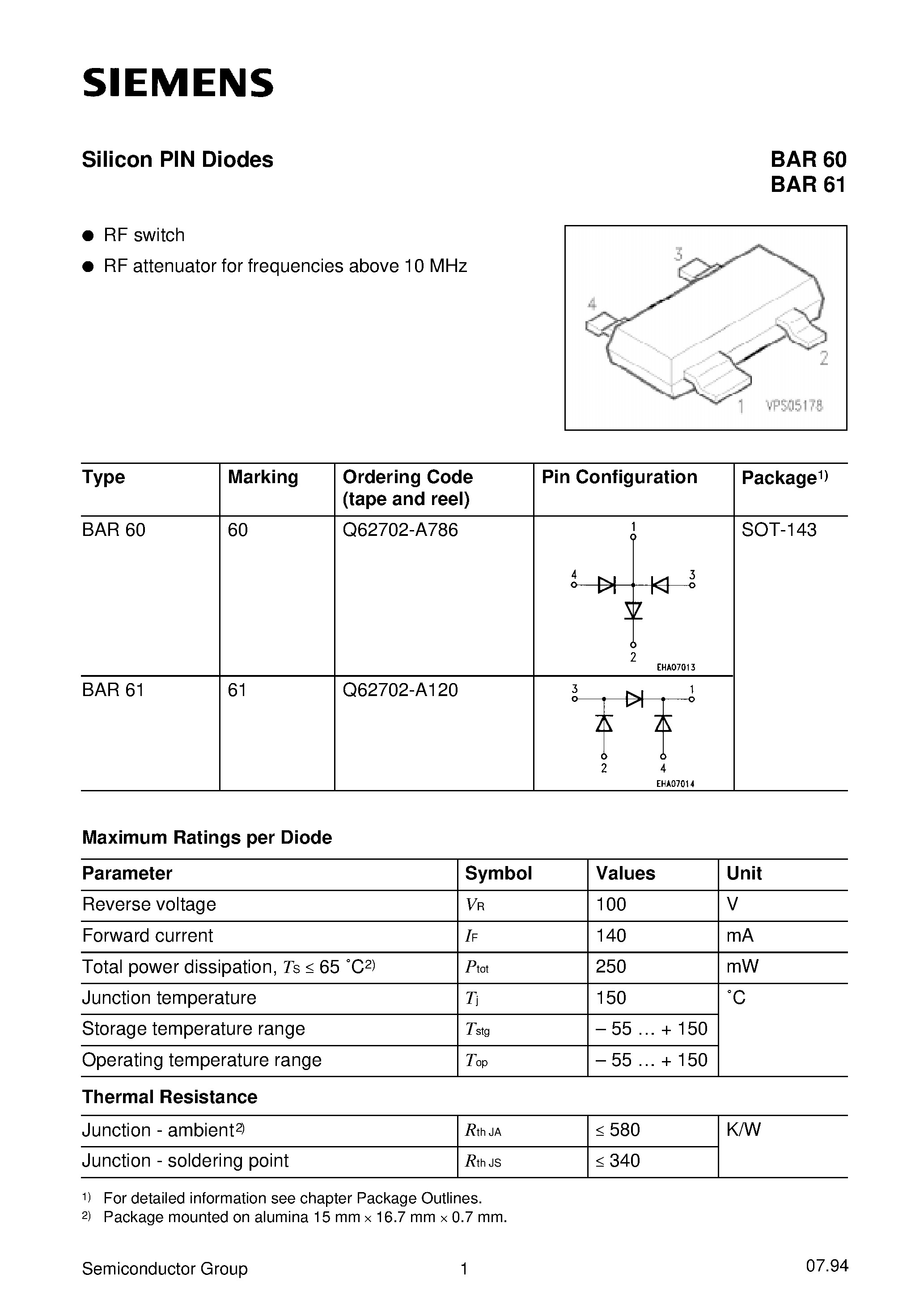 Даташит BAR60 - Silicon PIN Diodes (RF switch RF attenuator for frequencies above 10 MHz) страница 1