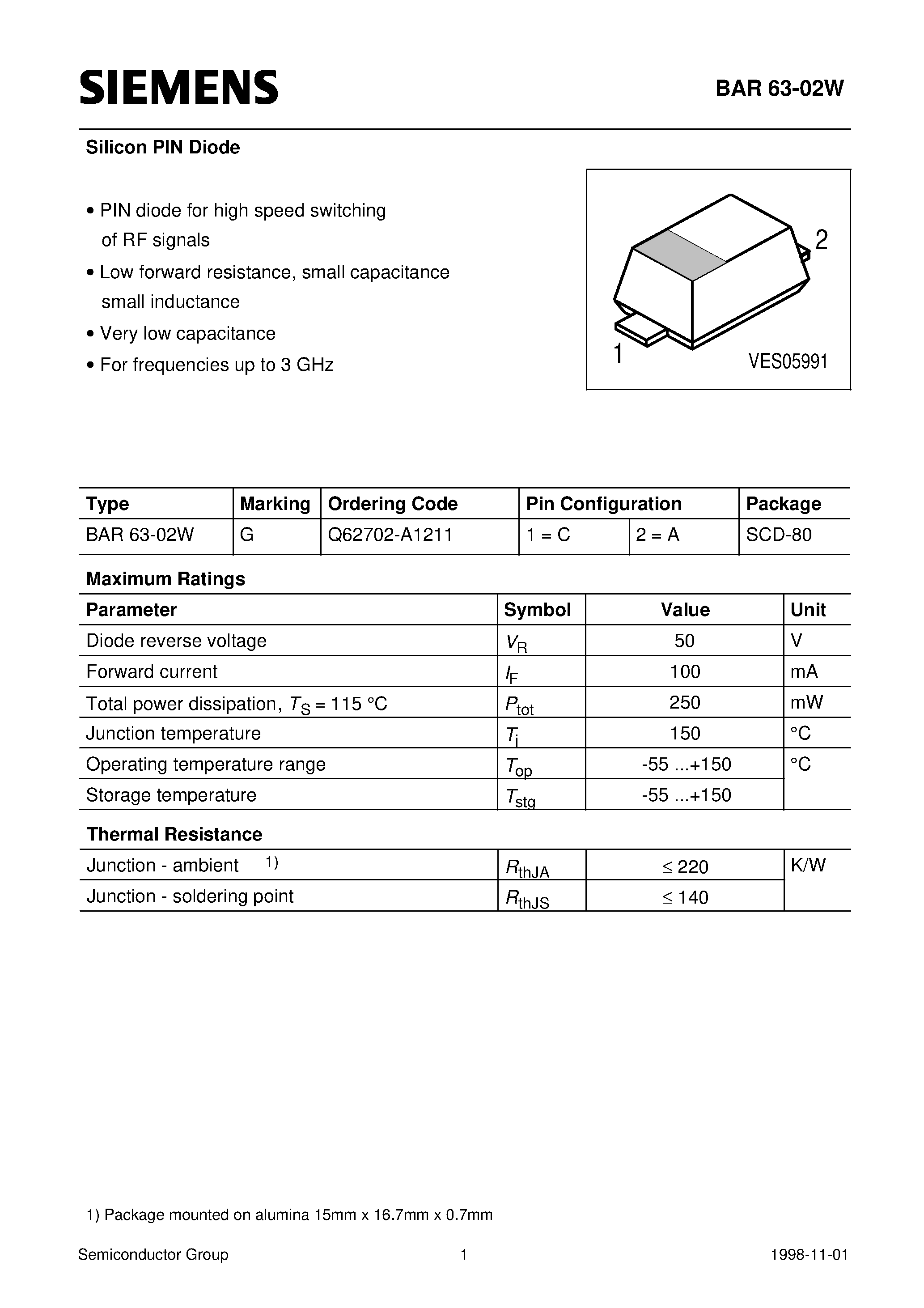 Datasheet BAR63-02W page 1 Datasheet BAR63-02W - Silicon PIN Diode (PIN diode for high speed switching of RF signals/ Low forward resistance/ small capacitance small inductance) page 1