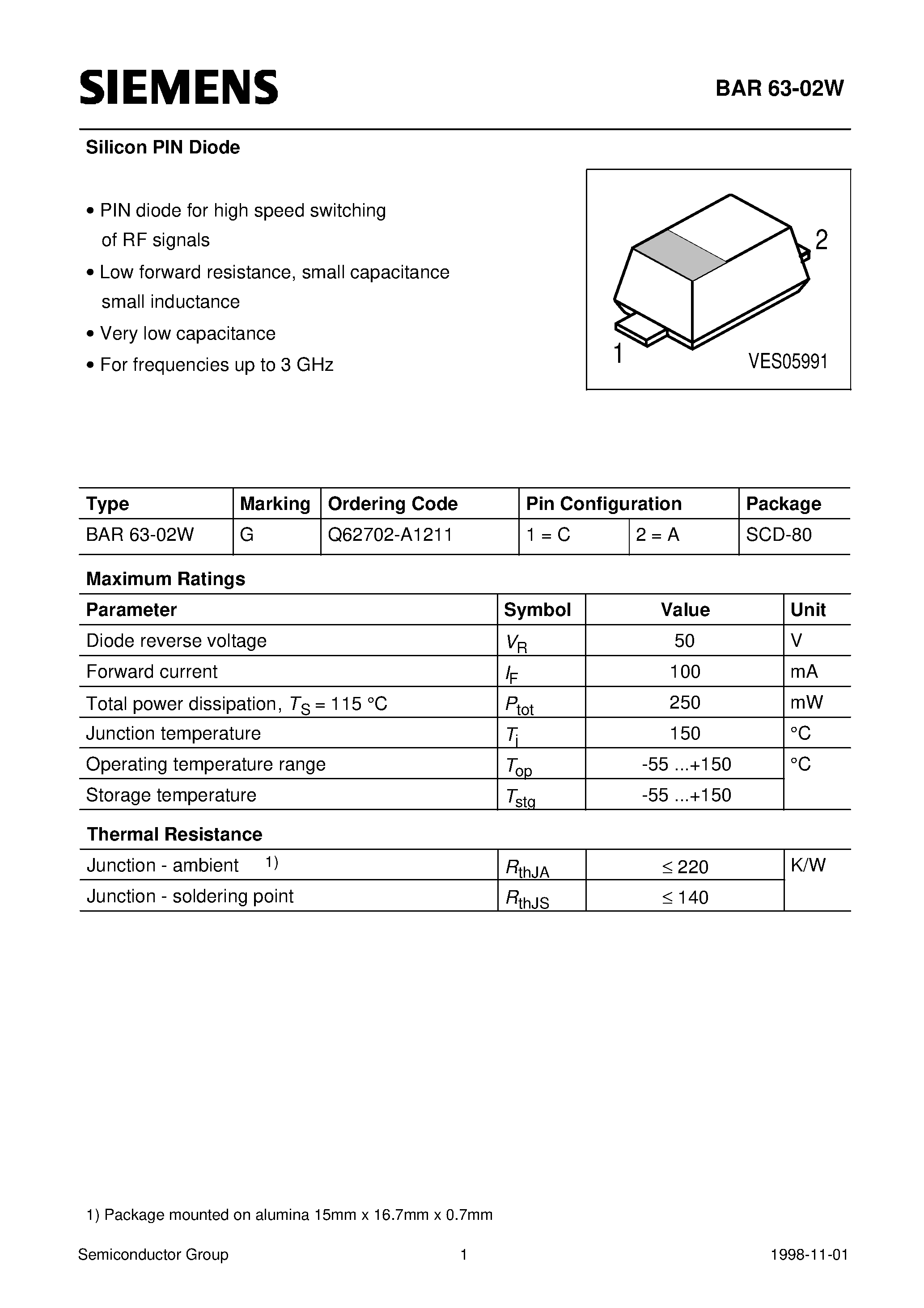 Datasheet BAR63-02W - Silicon PIN Diode (PIN diode for high speed switching of RF signals/ Low forward resistance/ small capacitance small inductance) page 1