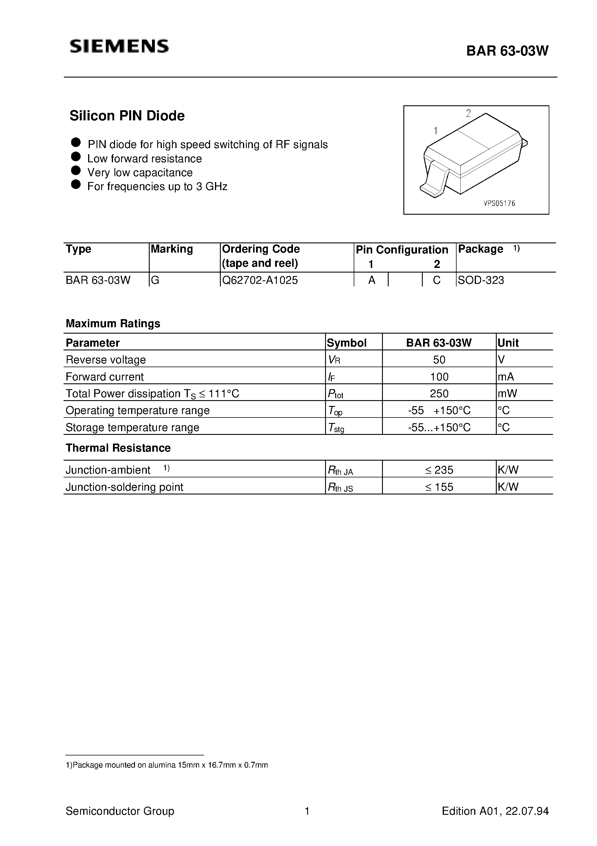 Datasheet BAR63-03 - Silicon PIN Diode (PIN diode for high speed switching of RF signals Low forward resistance Very low capacitance For frequencies up to 3 GHz) page 1