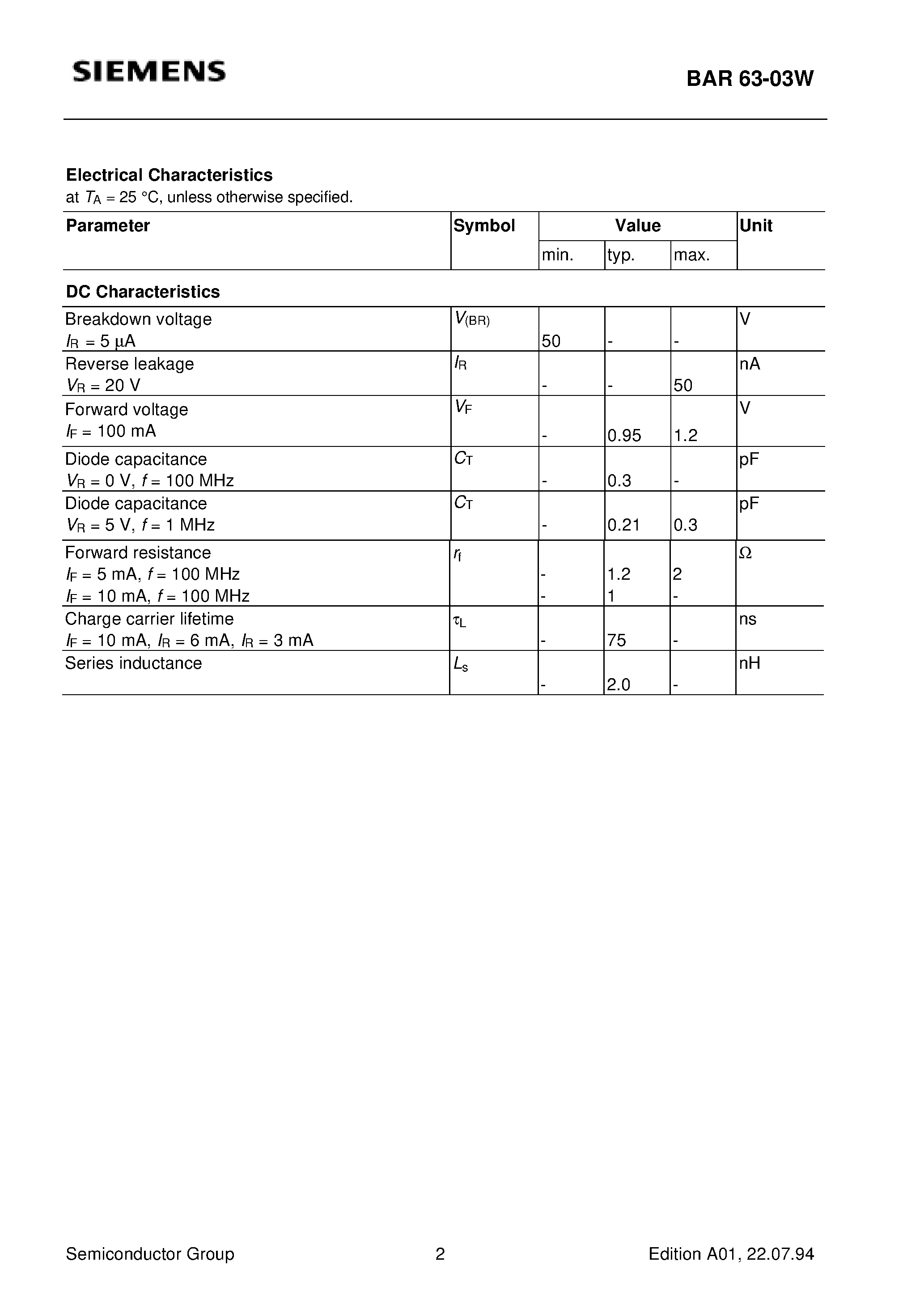 Datasheet BAR63-03 page 2 Datasheet BAR63-03 - Silicon PIN Diode (PIN diode for high speed switching of RF signals Low forward resistance Very low capacitance For frequencies up to 3 GHz) page 2