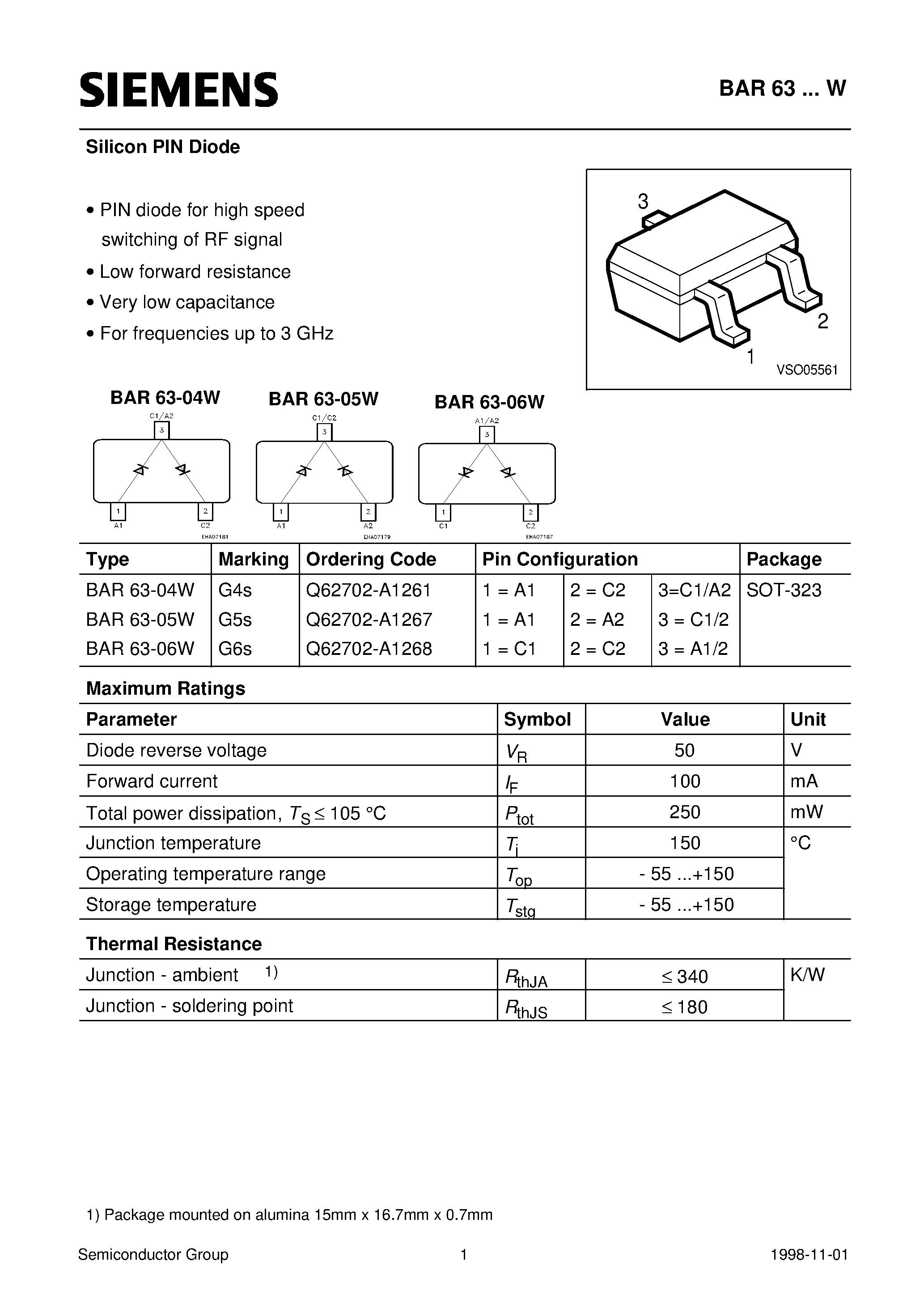 Даташит BAR63-W - Silicon PIN Diode (PIN diode for high speed switching of RF signal Low forward resistance Very low capacitance For frequencies up to 3 GHz) страница 1