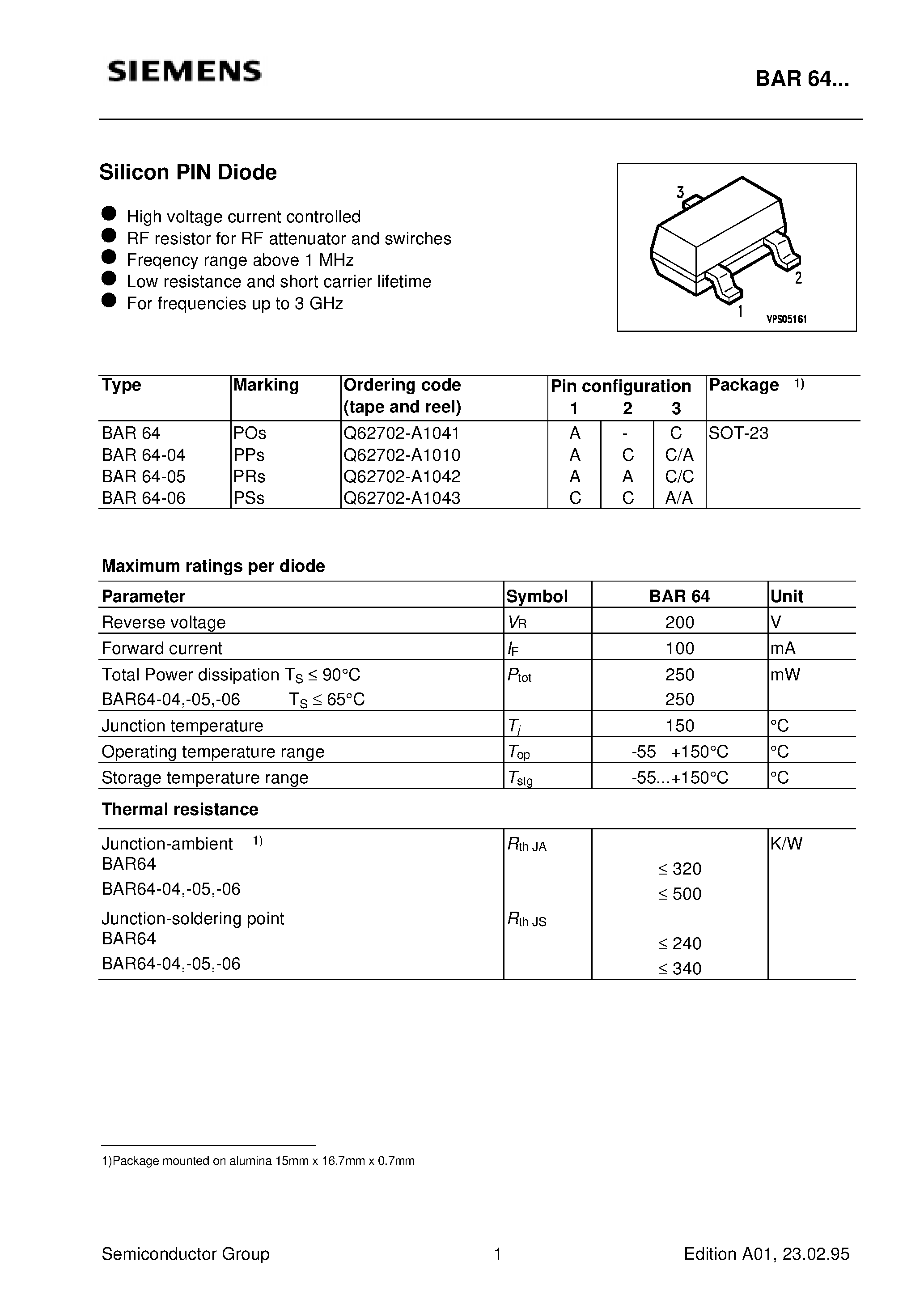 Datasheet BAR64 page 1 Datasheet BAR64 - Silicon PIN Diode (High voltage current controlled RF resistor for RF attenuator and swirches Freqency range above 1 MHz) page 1