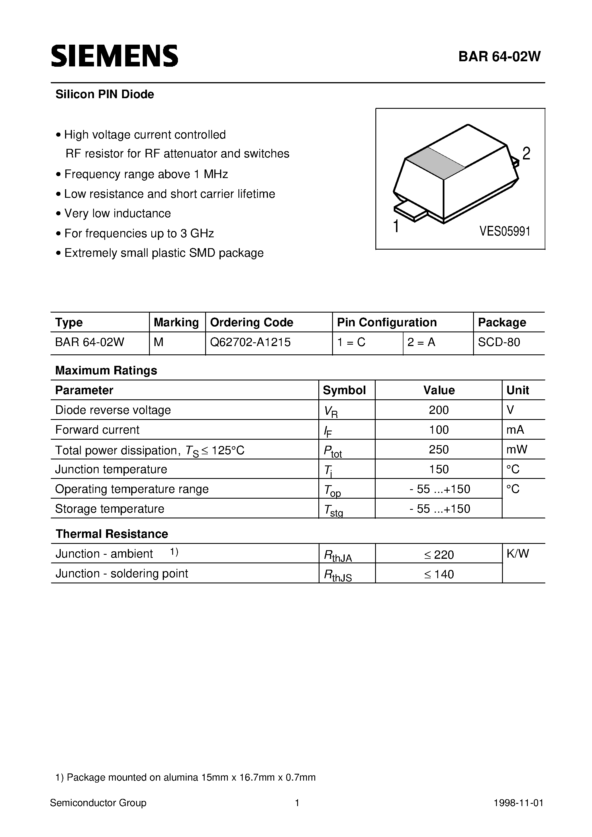 Даташит BAR64-02 - Silicon PIN Diode (High voltage current controlled RF resistor for RF attenuator and switches Frequency range above 1 MHz) страница 1
