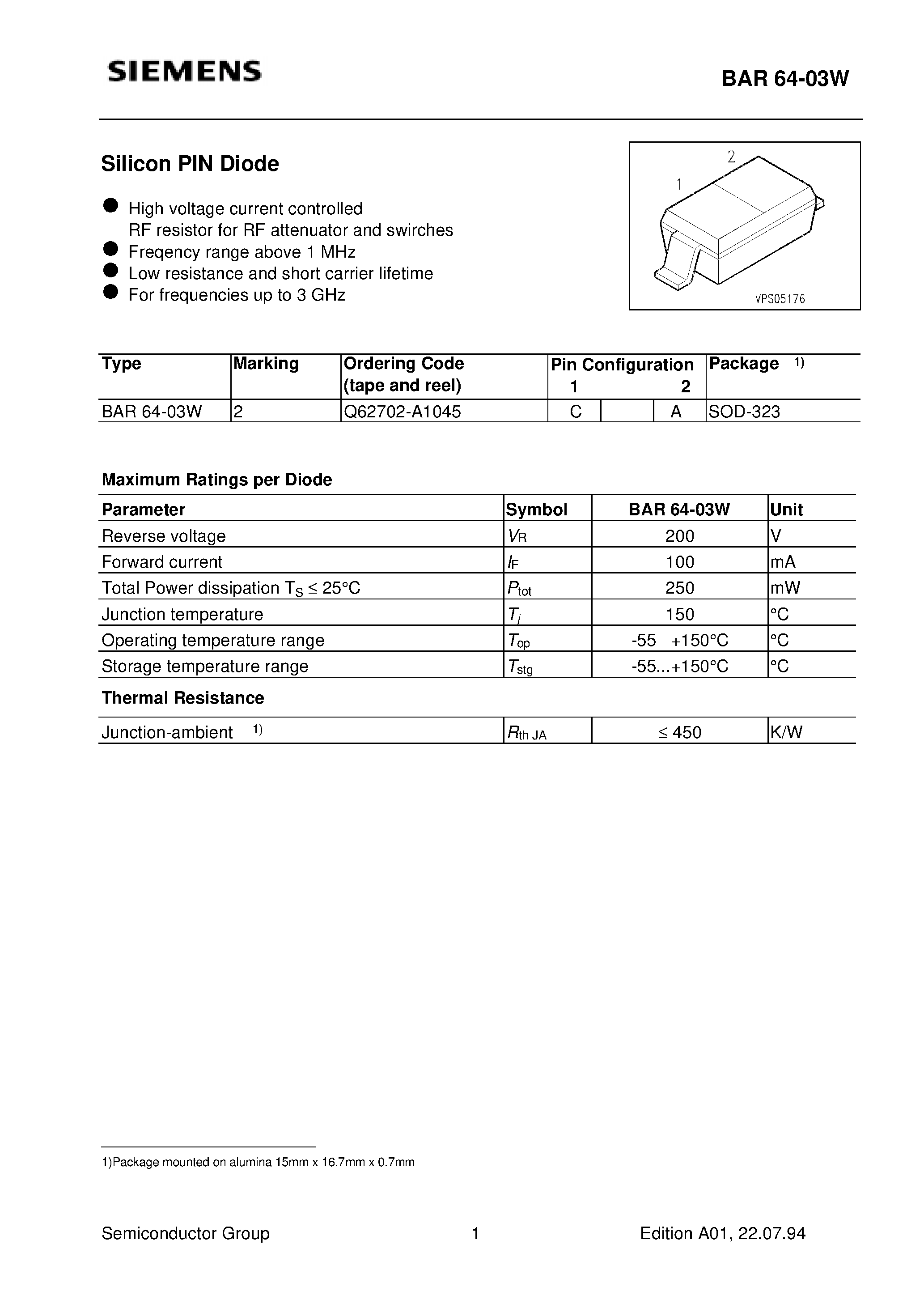 Datasheet BAR64-03 page 1 Datasheet BAR64-03 - Silicon PIN Diode page 1