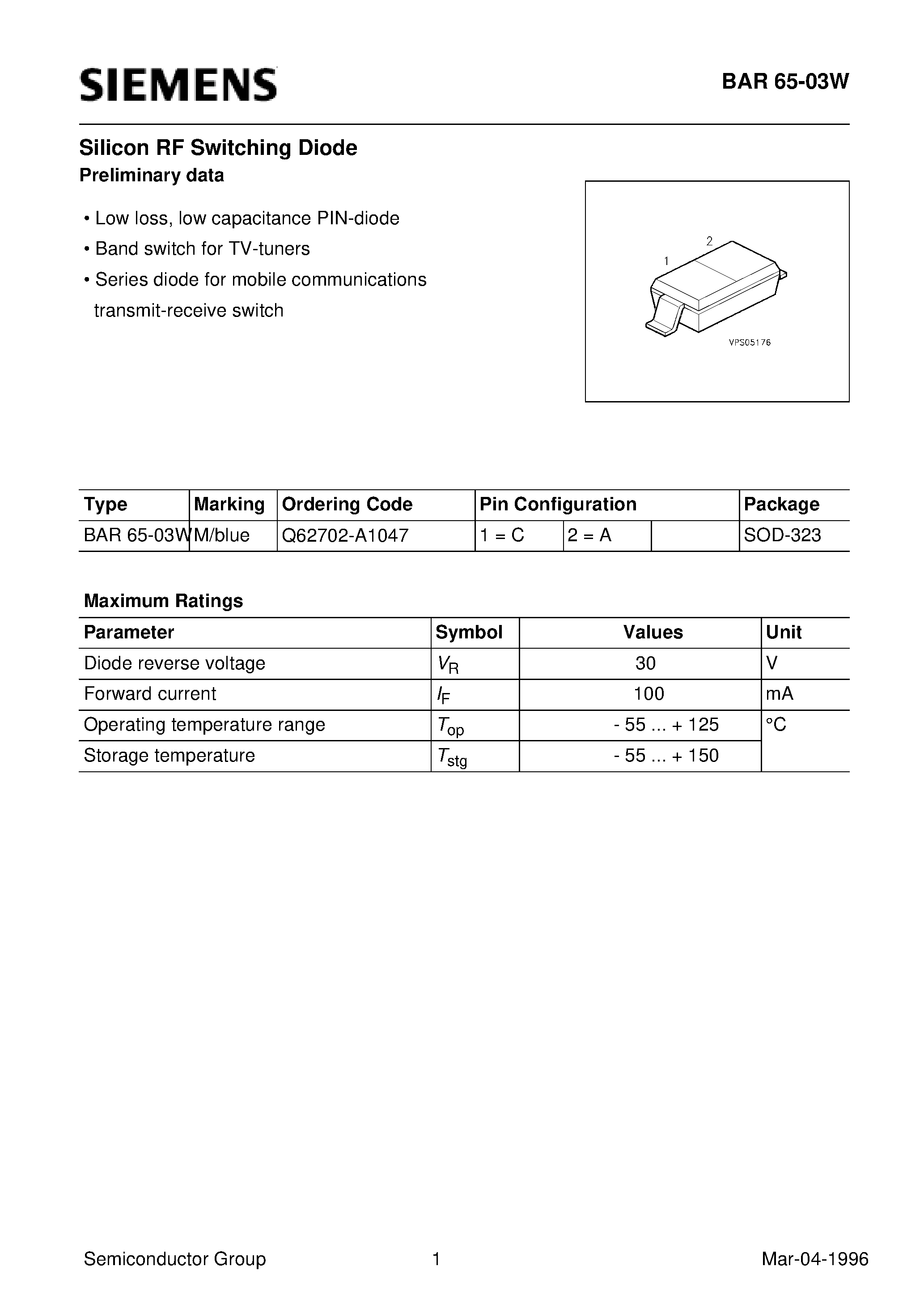 Datasheet BAR65-03W - Preliminary data Silicon RF Switching Diode (Low loss/ low capacitance PIN-diode Band switch for TV-tuners) page 1