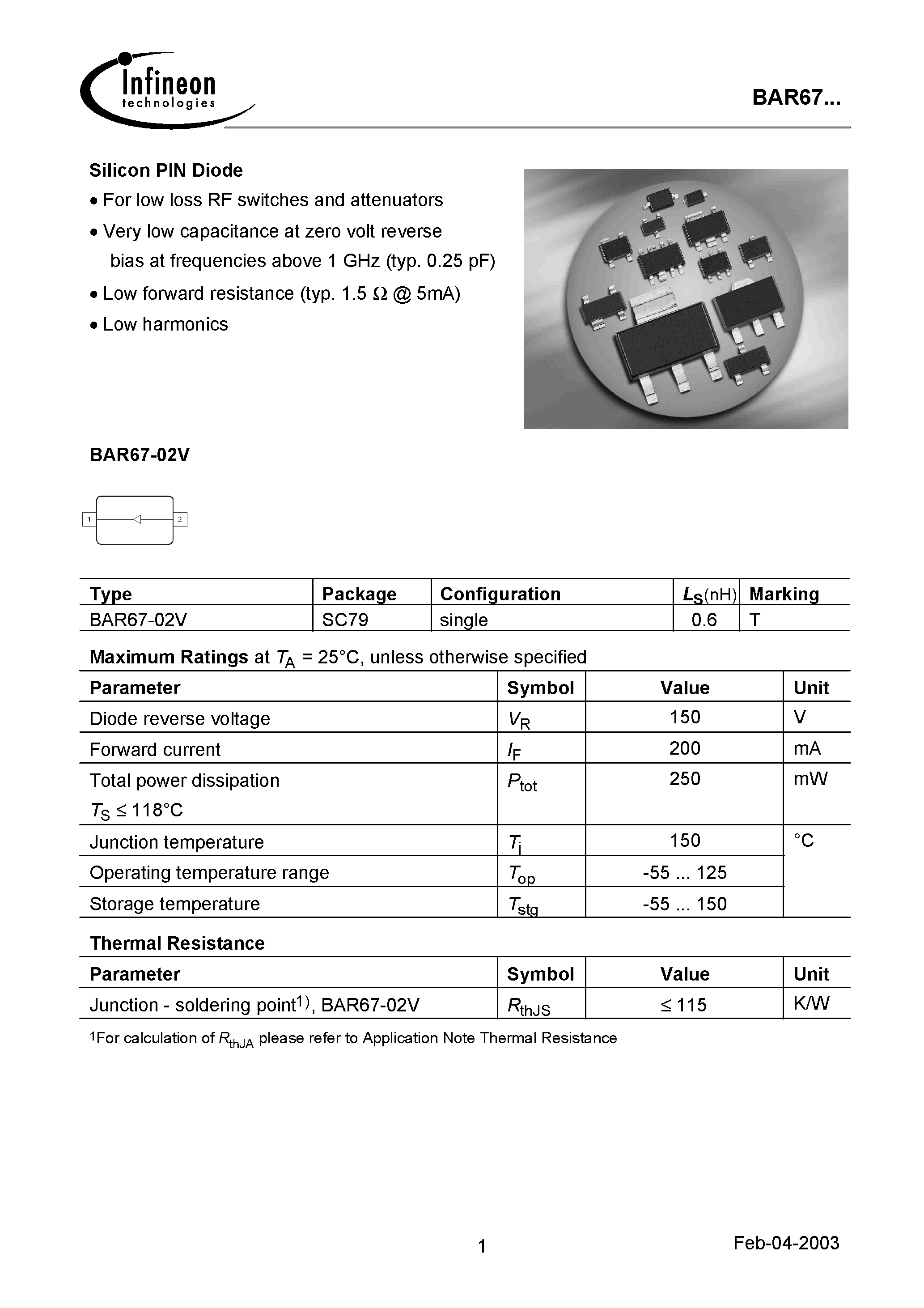 Datasheet BAR67-02V page 1 Datasheet BAR67-02V - Silicon PIN Diode page 1