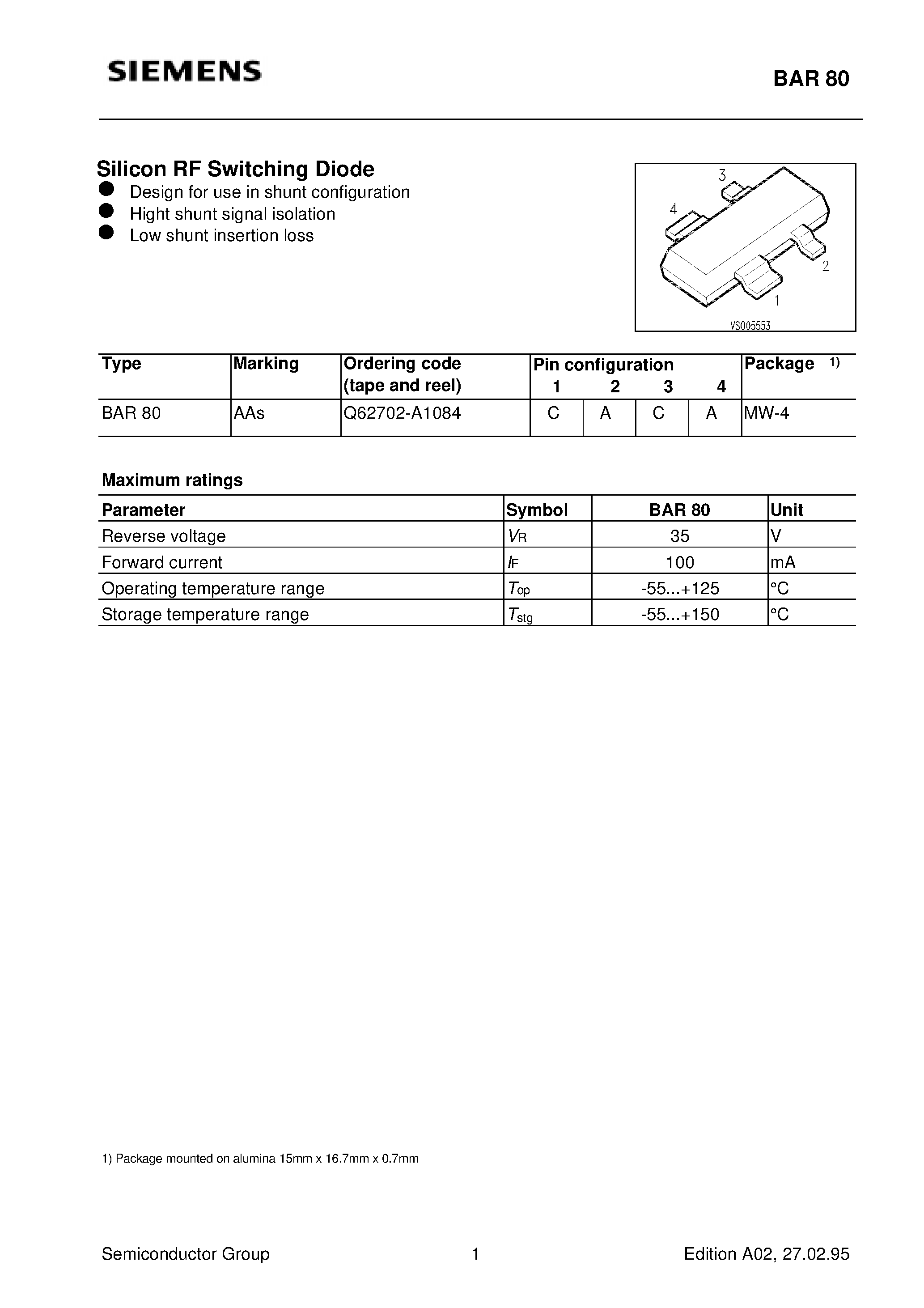 Datasheet BAR80 - Silicon RF Switching Diode (Design for use in shunt configuration Hight shunt signal isolation Low shunt insertion loss) page 1