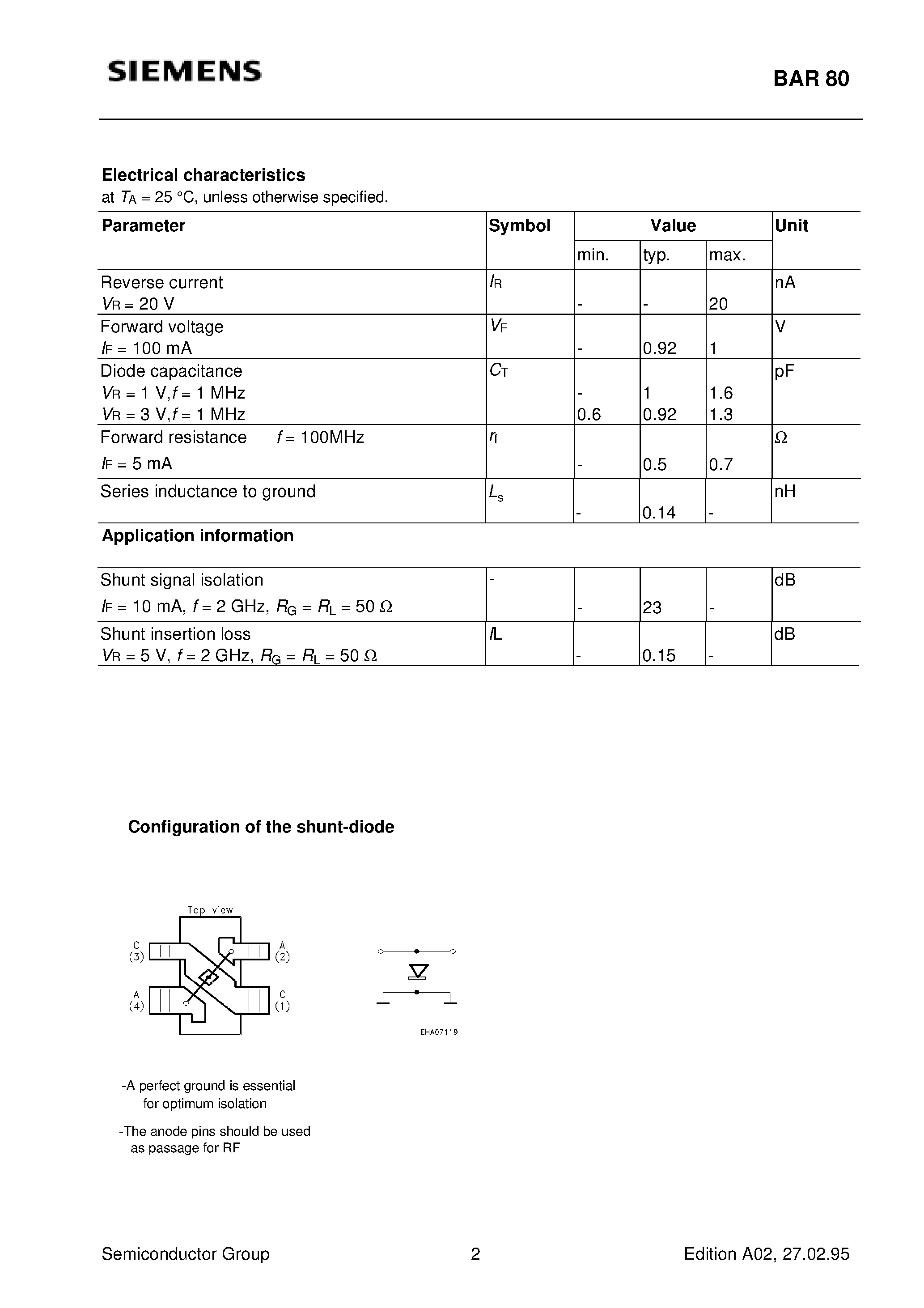 Datasheet BAR80 - Silicon RF Switching Diode (Design for use in shunt configuration Hight shunt signal isolation Low shunt insertion loss) page 2
