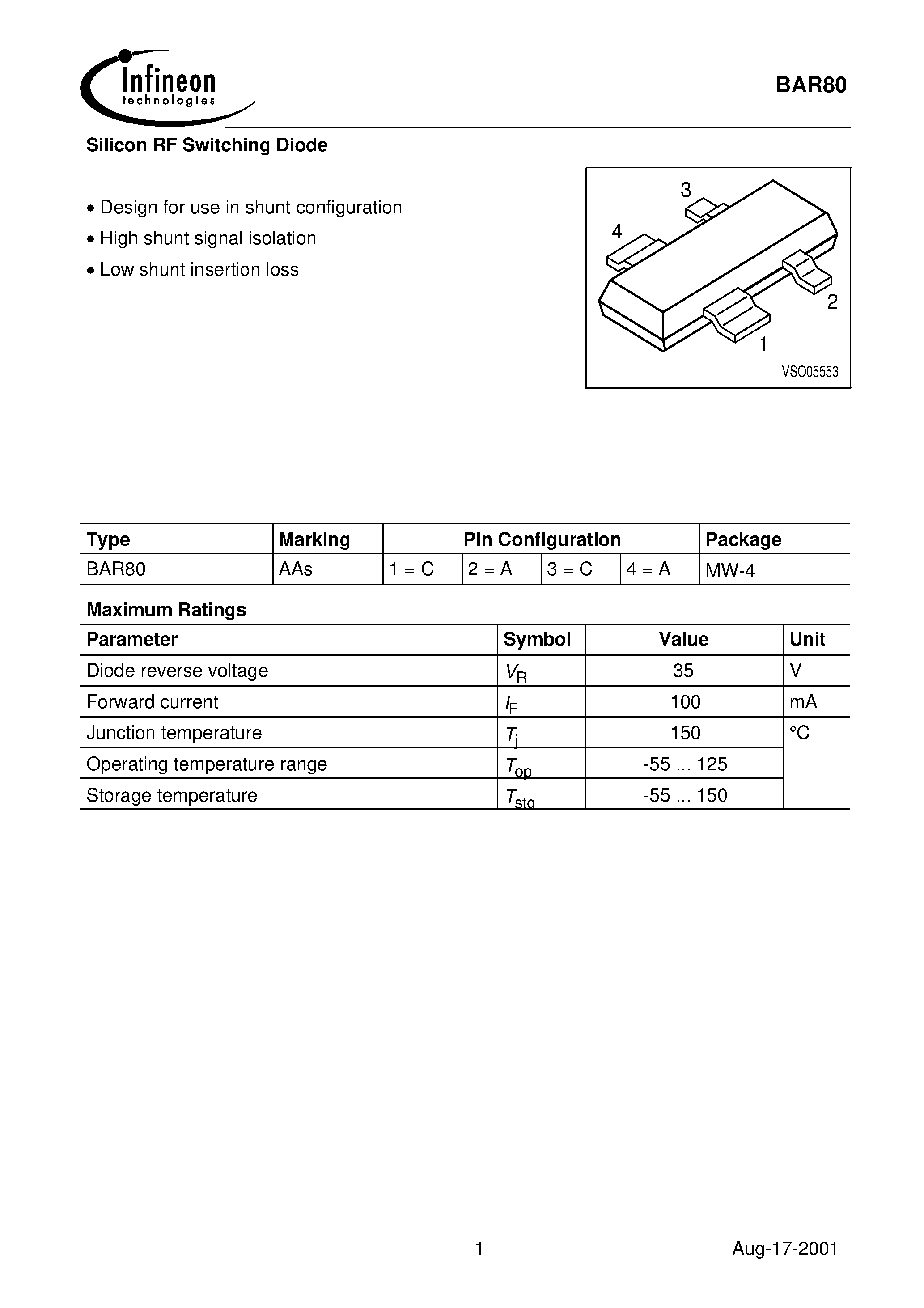 Datasheet BAR80 page 1 Datasheet BAR80 - Silicon RF Switching Diode page 1